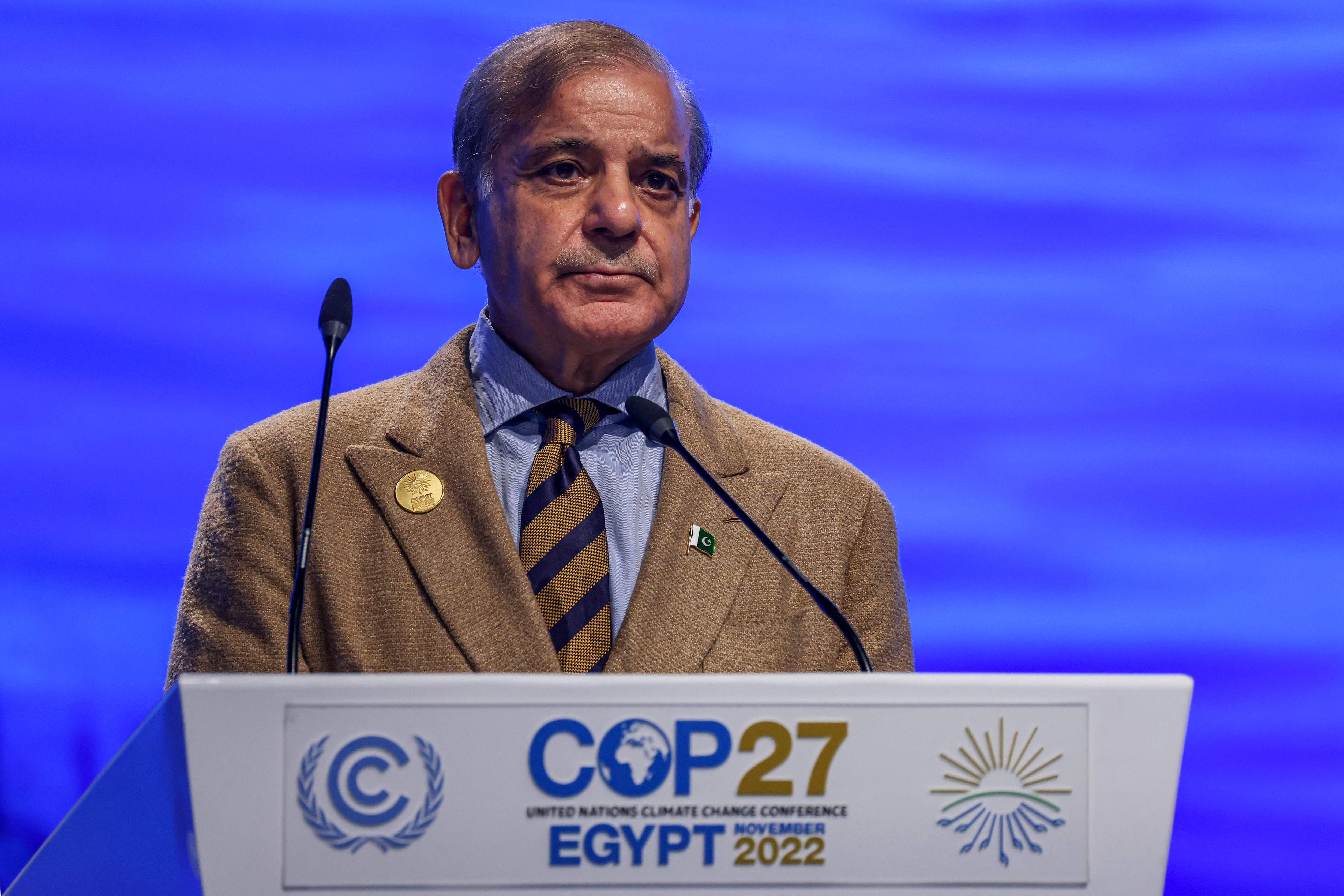 Perdana Menteri Pakistan, Shehbaz Sharif saat berbicara di konferensi iklim PBB di Mesir atau COP27, Selasa (8/11/2022)