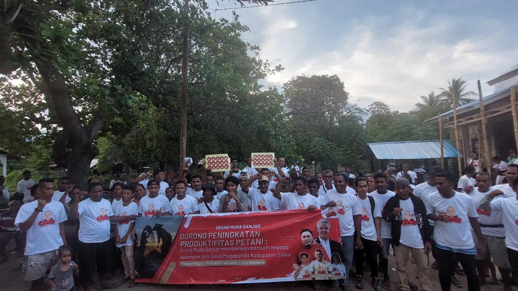 Relawan Orang Muda Ganjar (OMG) Kabupaten Sikka memberikan bantuan benih padi untuk kelompok tani di Desa Magepanda, Kecamatan Magepanda,