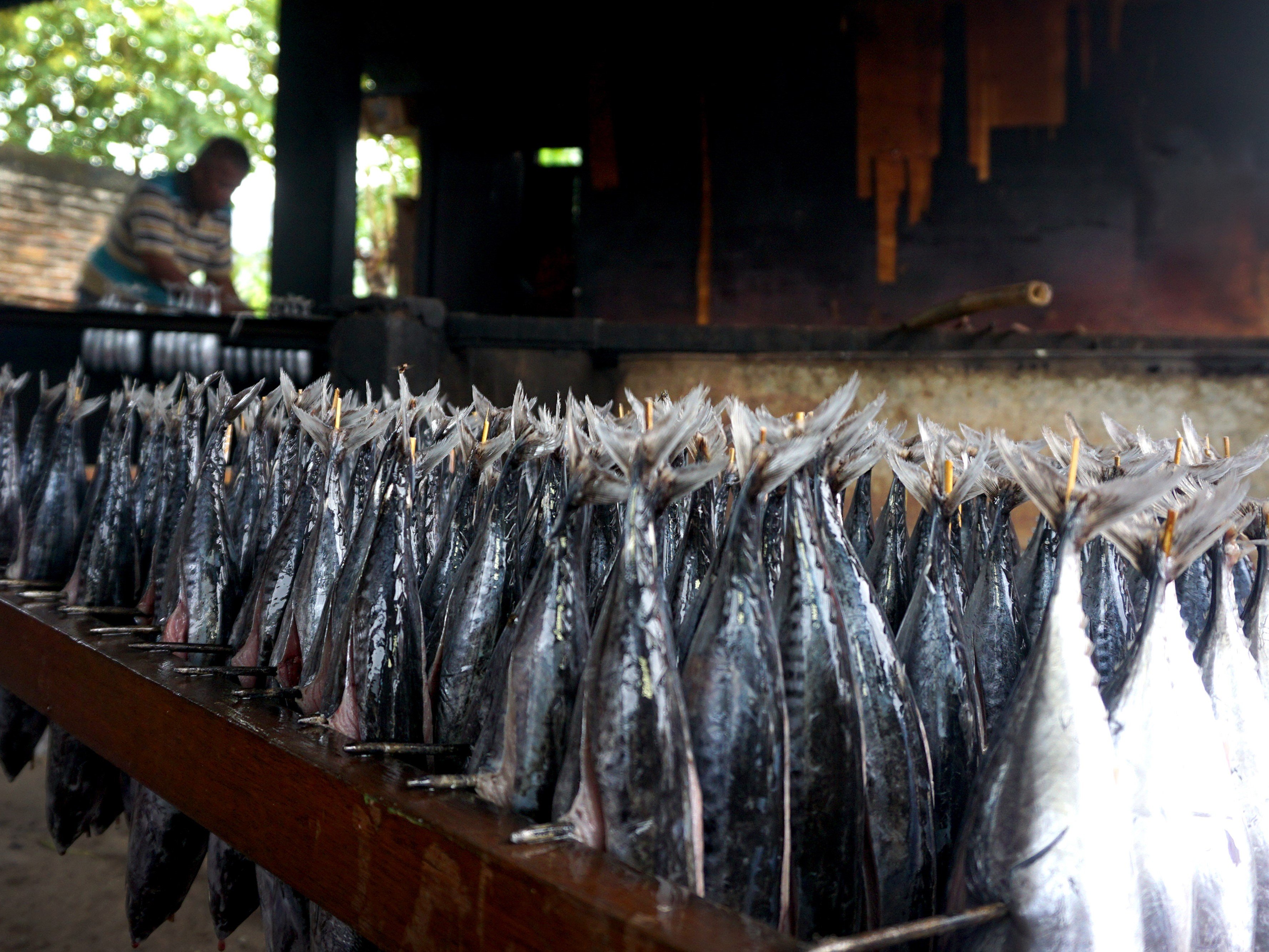 Seorang pekerja mengantungkan ikan yang siap dimasak di sentra UMKM cakalang fufu (asap) di Desa Hulawa, Gorontalo.