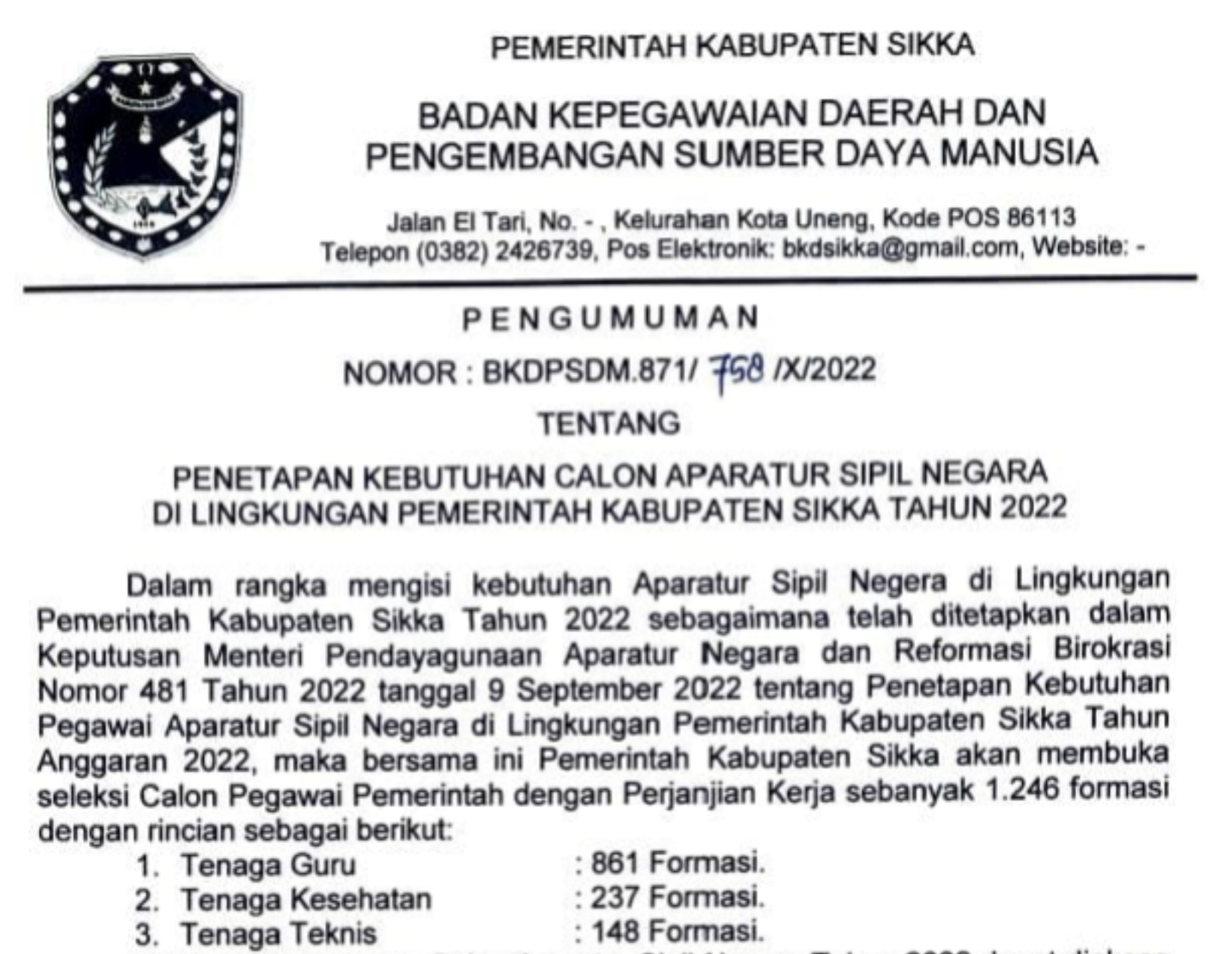 Pemkab Sikka Umumkan Kebutuhan Pegawai Kontrak 2022