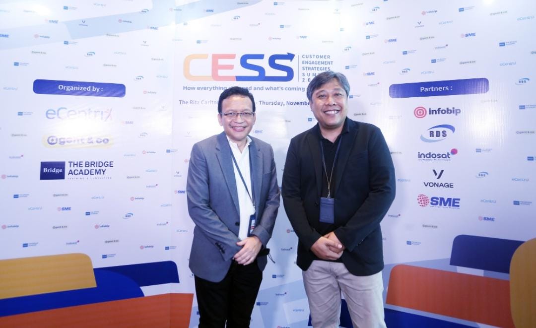 Director of eCentrix Agung Susanto (kiri) dan CEO of eCentrix Wayan Eka Nugraha saat pers konferensi mengenai CESS 2022 di Jakarta.  
