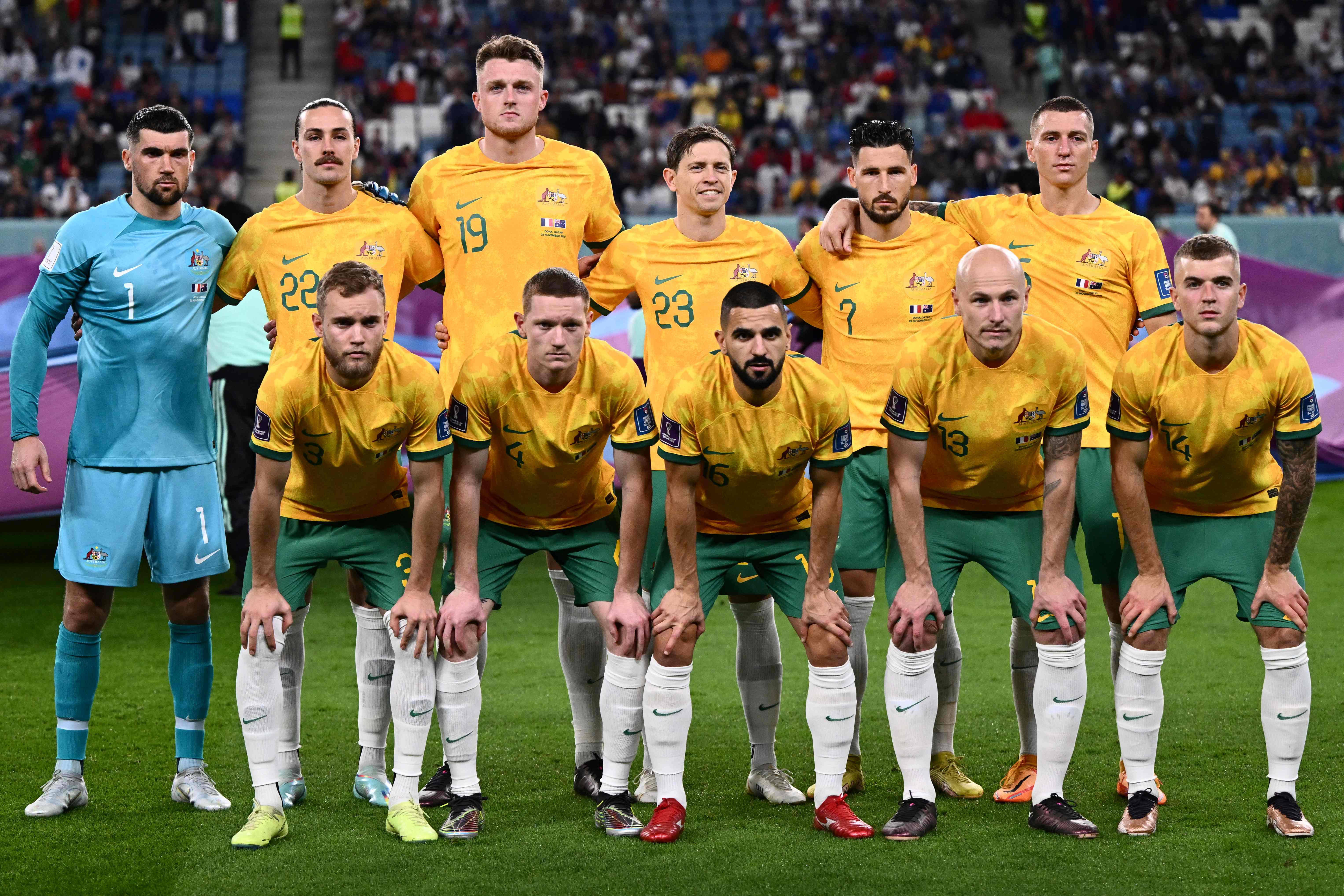 Para Pemain Starter Tim Sepak Bola Australia saat berjumpa Prancis di Piala Dunia Qatar 2022