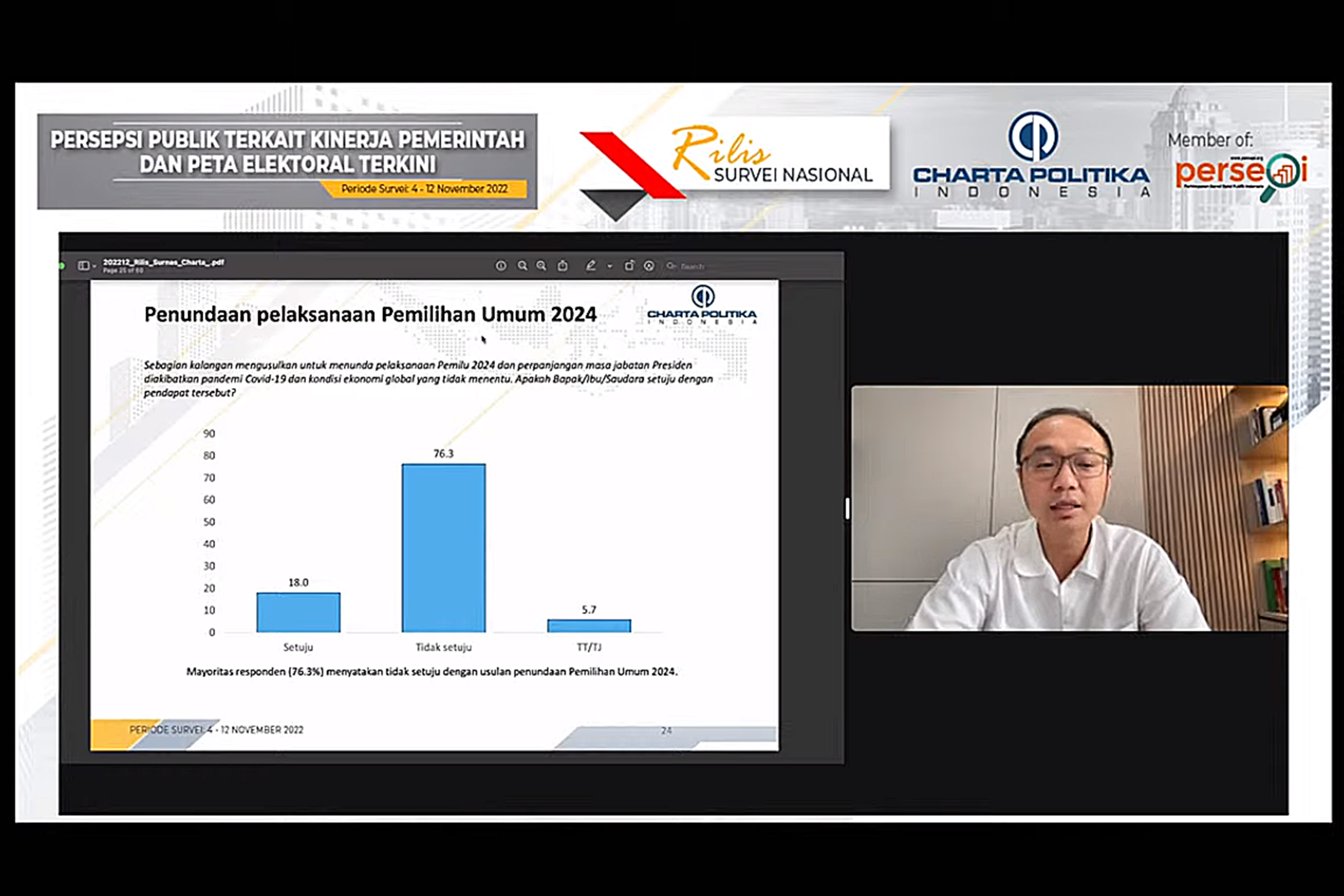 Direktur Eksekutif Charta Politika Indonesia Yunarto Wijaya menyampaikan paparan rilis survei nasional di Jakarta, hari ini.
