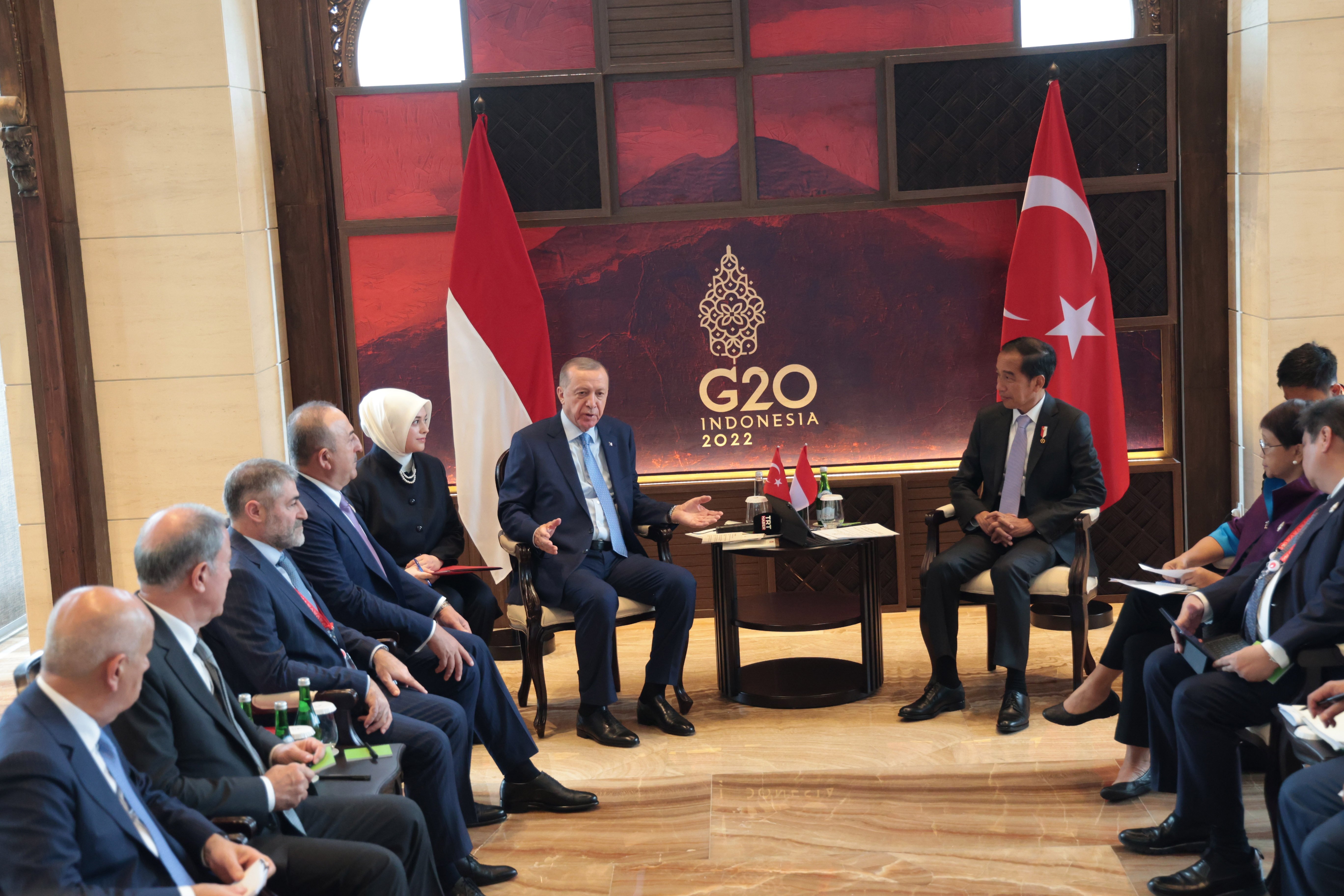 Presiden Joko Widodo berbincang dengan Presiden Turki Recep Tayyip Erdogan saat pertemuan bilateral di sela KTT G-20 Bali, Senin (14/11).