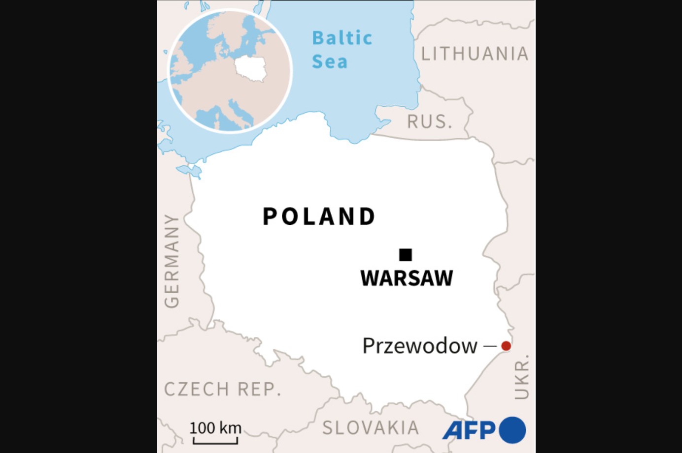Peta yang menunjukkan letak Przewodow, desa tempat jatuhnya rudal yang diduga milik Rusia.