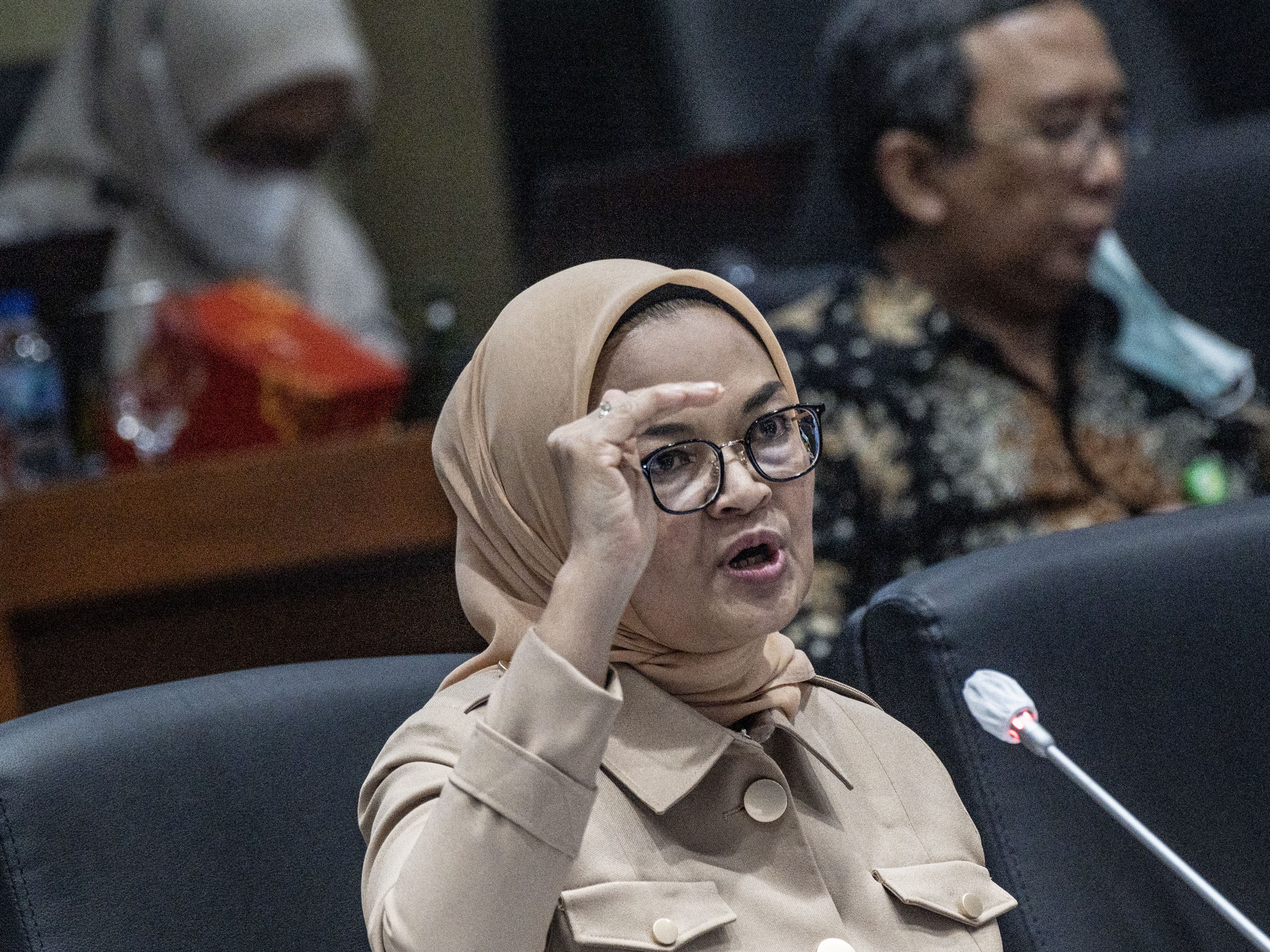 Kepala Badan Pengawas Obat dan Makanan (BPOM) Penny Kusumastuti Lukito menyampaikan pemaparan di DPR, Rabu (2/11).