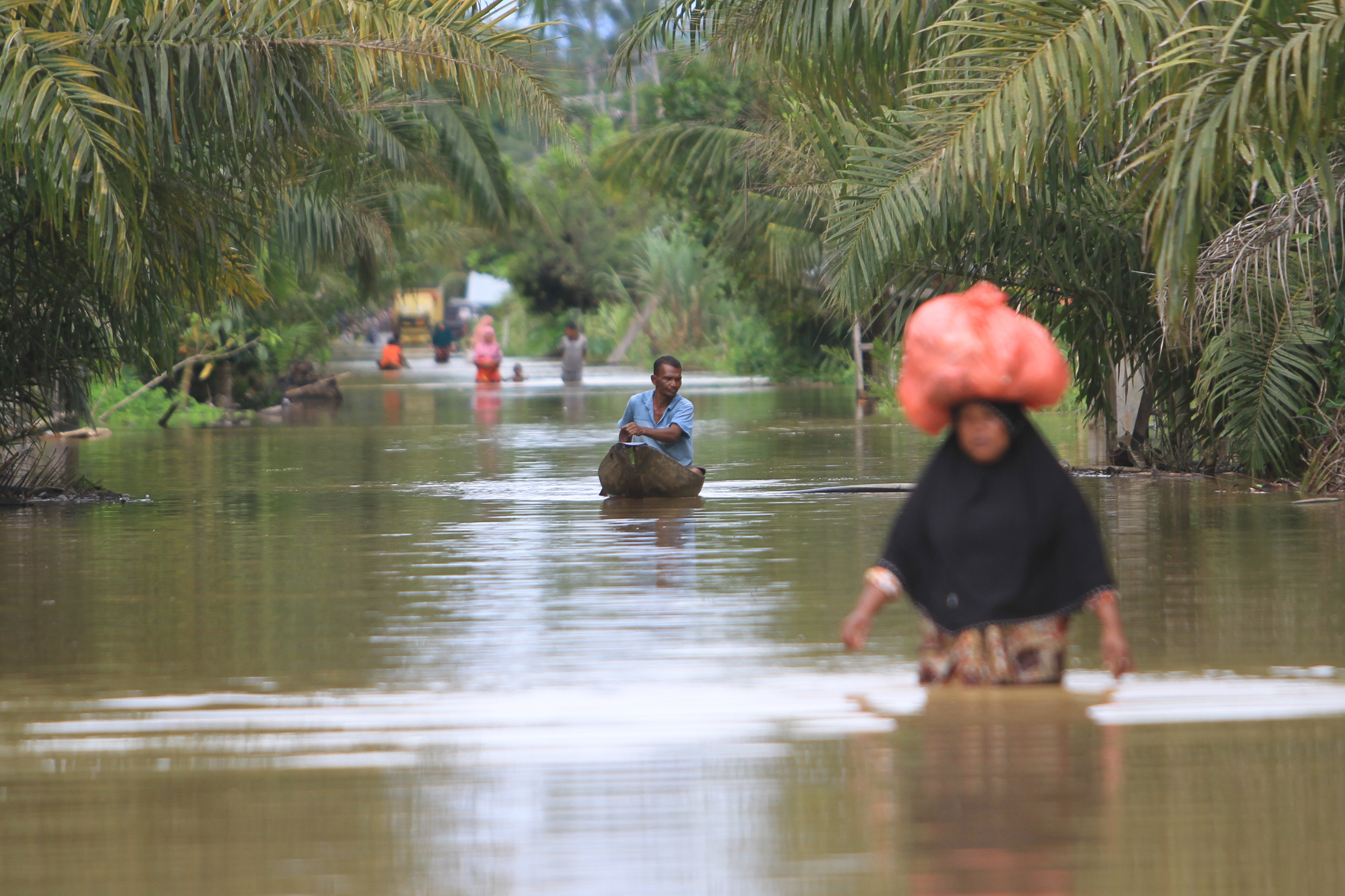 Sejumlah warga melintasi banjir yang merendam Desa Napai, Woyla Barat, Aceh Barat, Aceh, Sabtu (5/11).