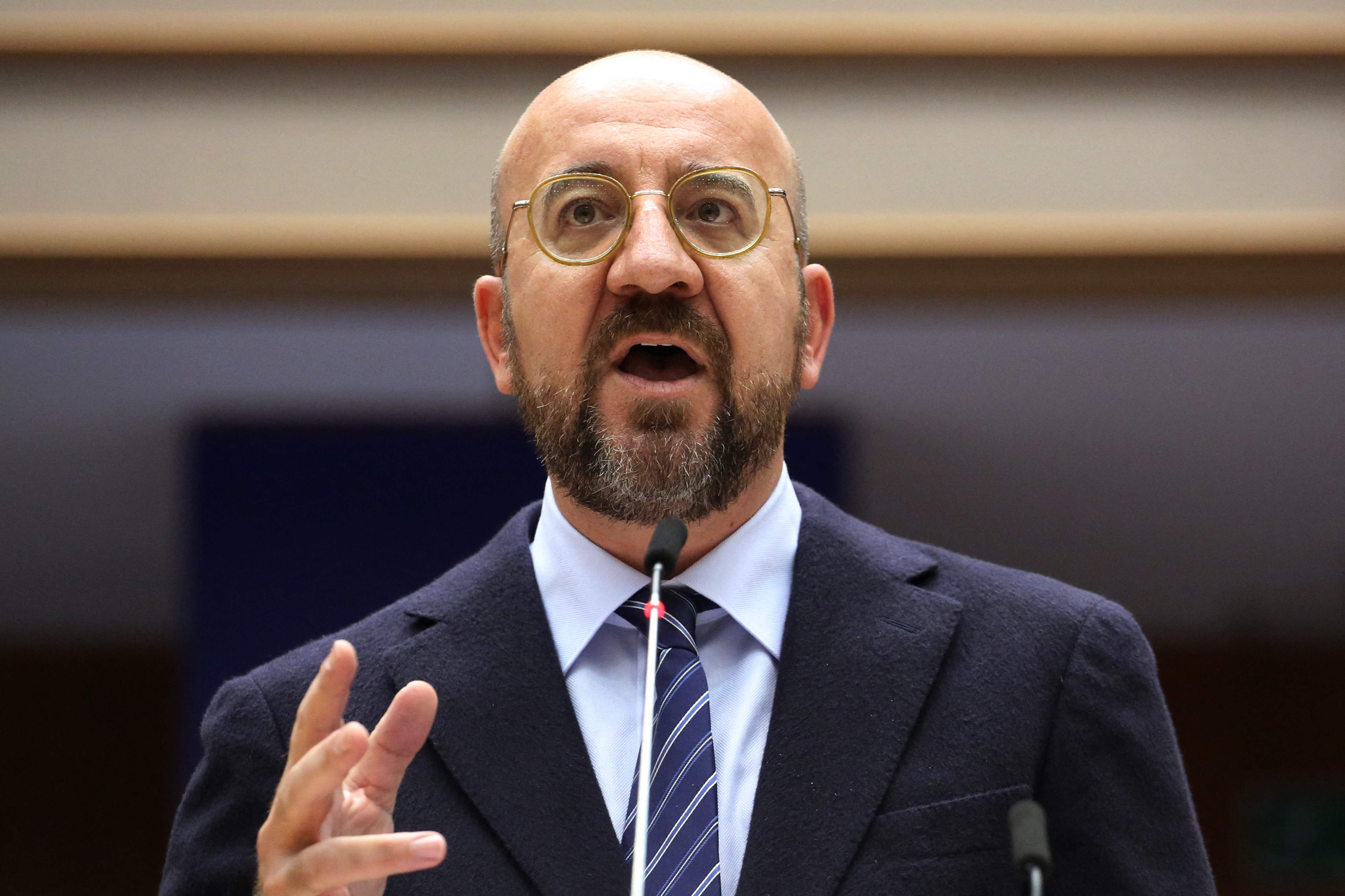 Presiden Dewan Eropa Charles Michel dalam konferensi pers di BICC Nusa Dua, Bali, Selasa (15/11).