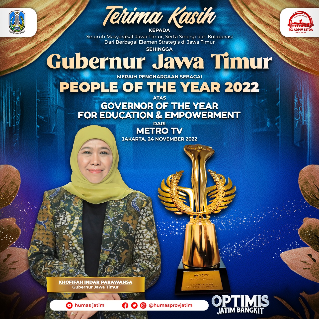 Khofifah Syukuri Terpilih sebagai  Governor of The Year for Education and Empowerment 2022