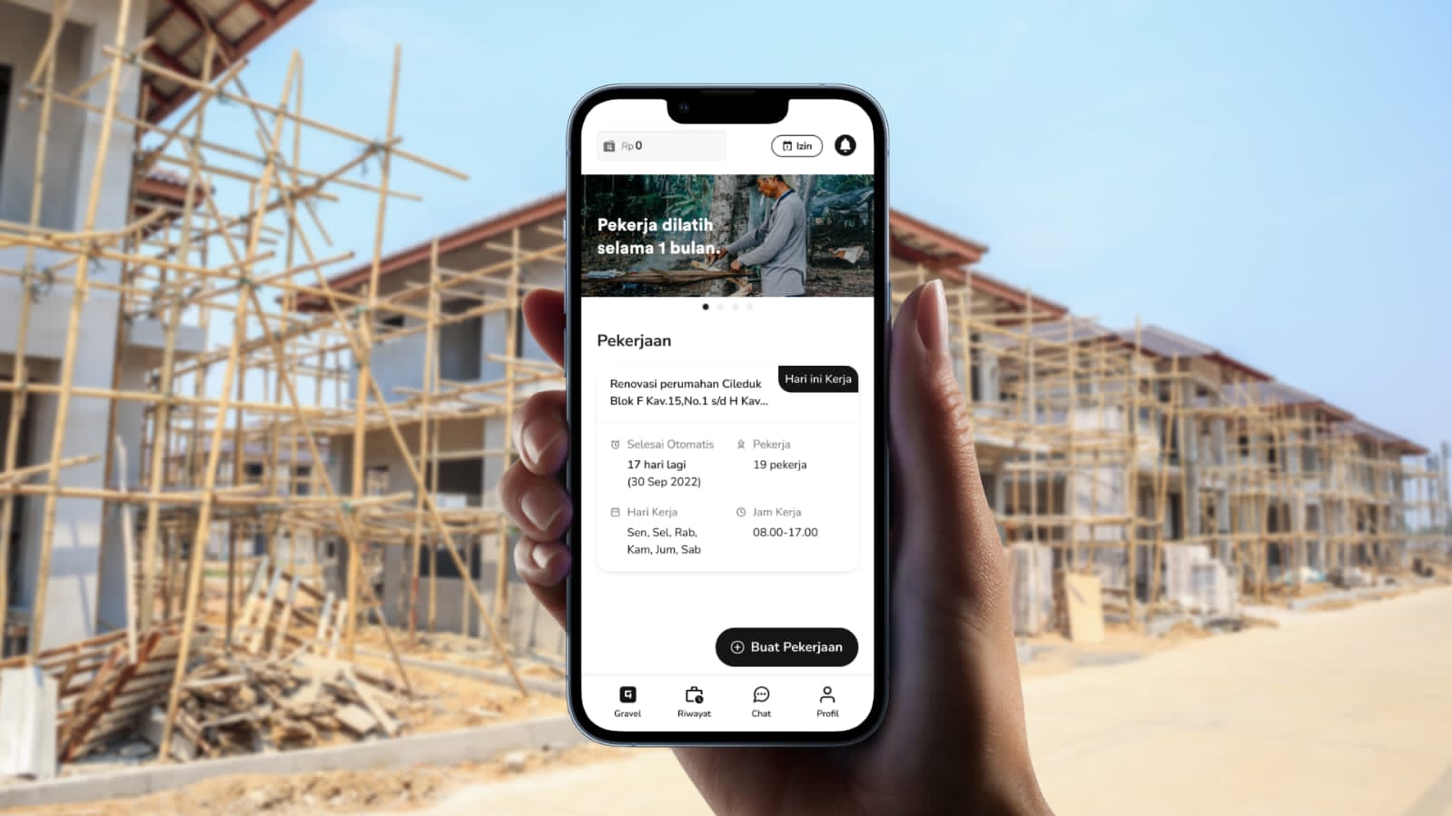 Aplikasi bidang konstruksi pada layar smartphone.