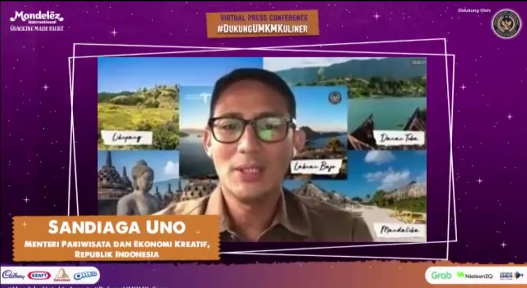 Menparekraf Sandiaga Uno saat konferensi pers #DukungUMKM Kuliner secara virtual, Rabu (23/11).   