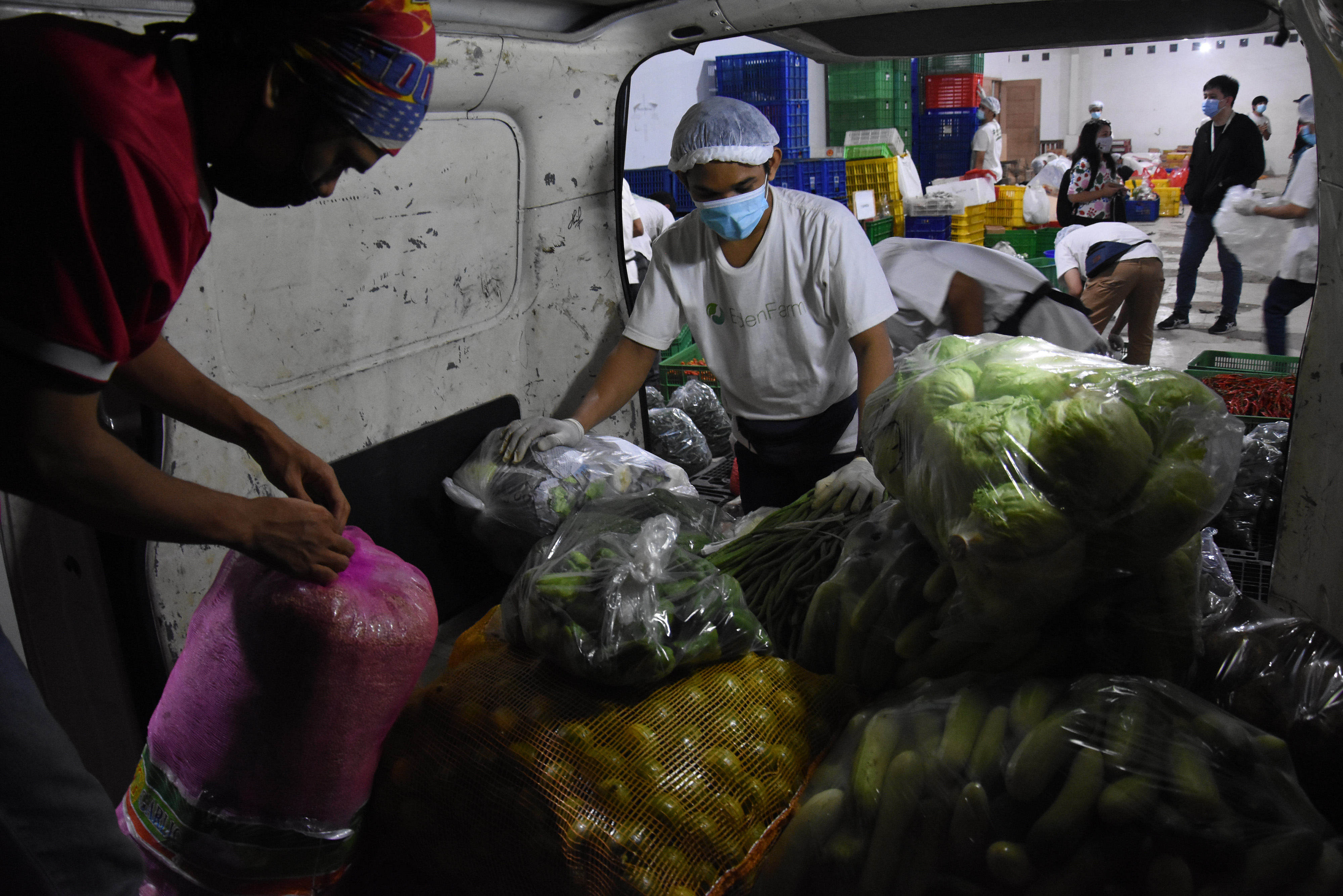 Ilustrasi. Pekerja mengangkut sayur dari petani di gudang Eden Farm.