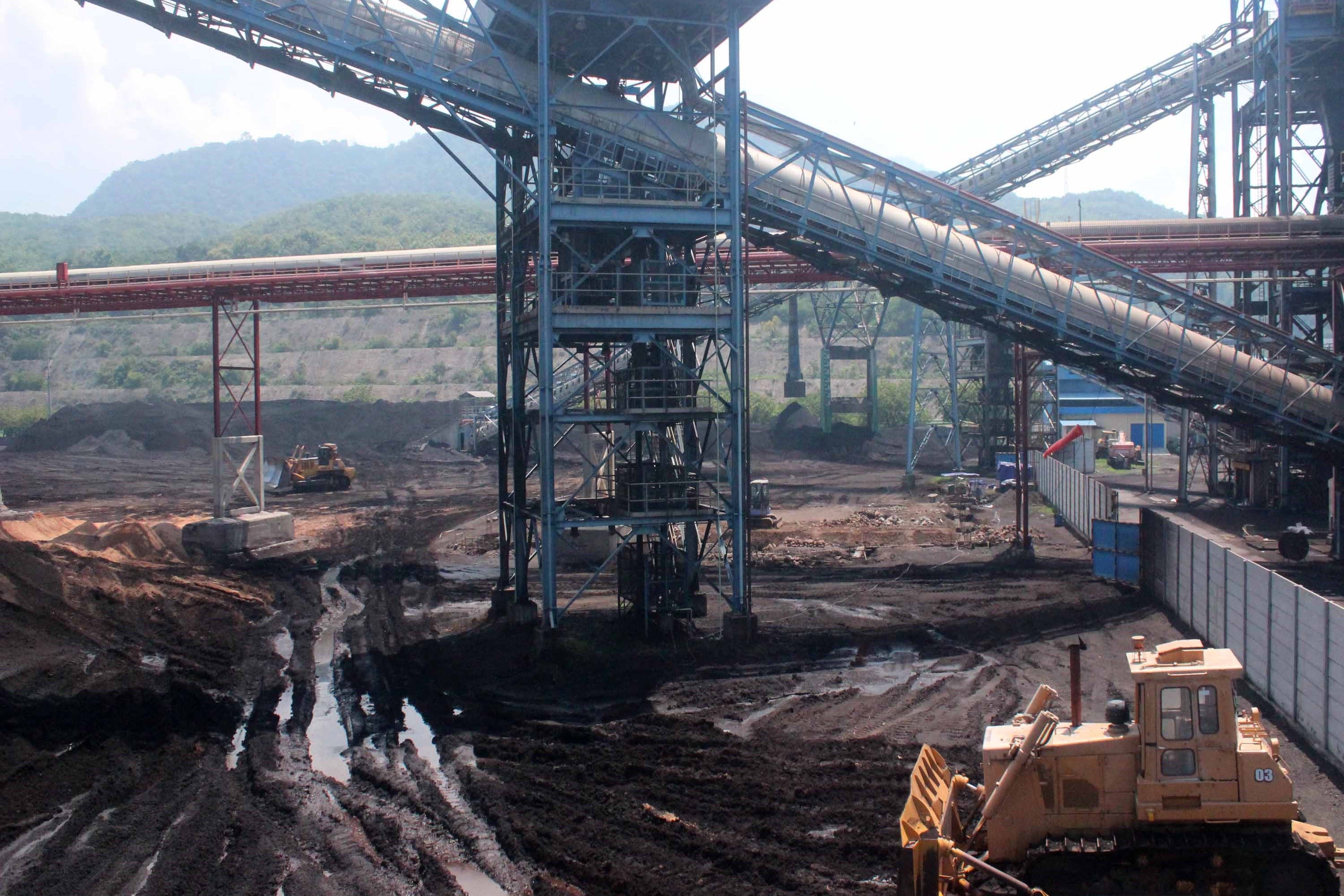 Petugas sedang mencampur batu bara dan serbuk kayu dalam program cofiring untuk bahan bakar PLTU Paiton, Probolinggo, Jawa Timur.