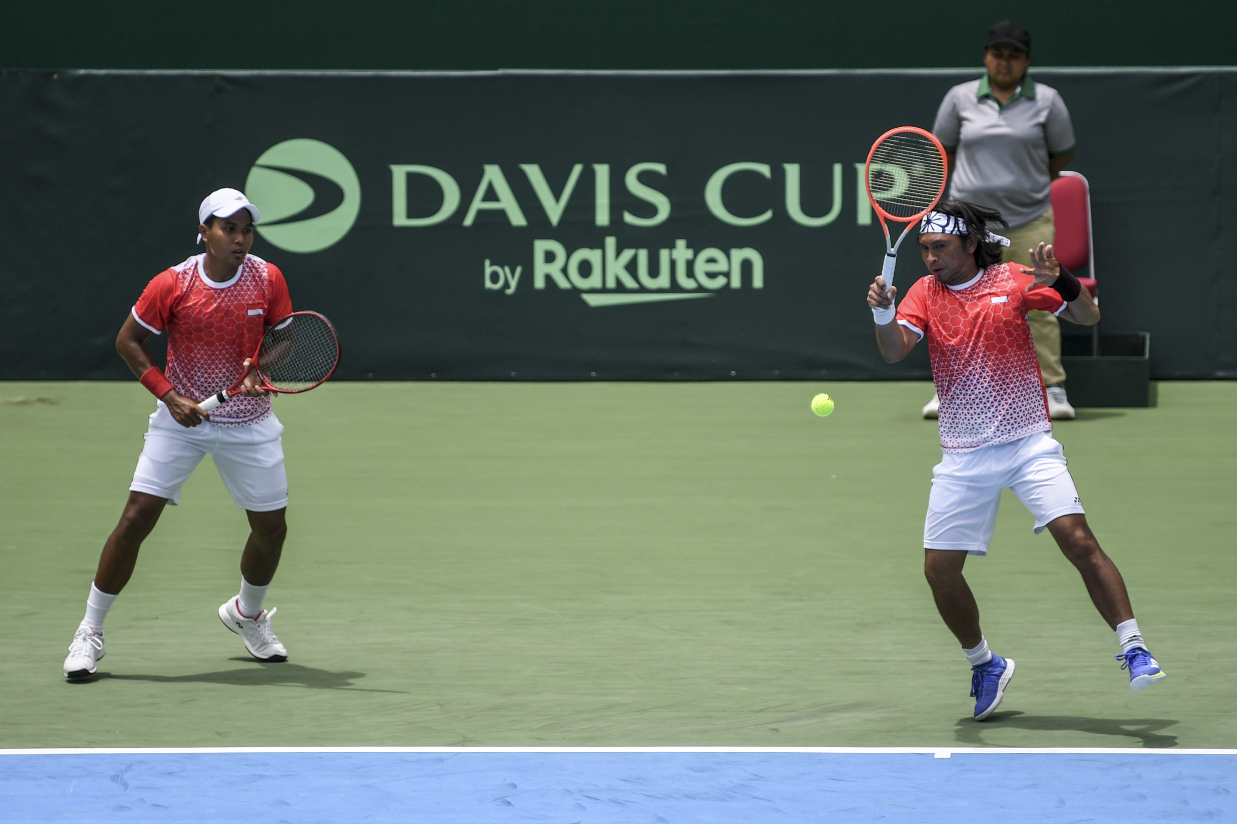 Ganda putra hristoper Rungkat (kanan) dan Muhammad Rifqi Fitriadi (kiri) saat membela Indonesia di ajang Piala Davis.