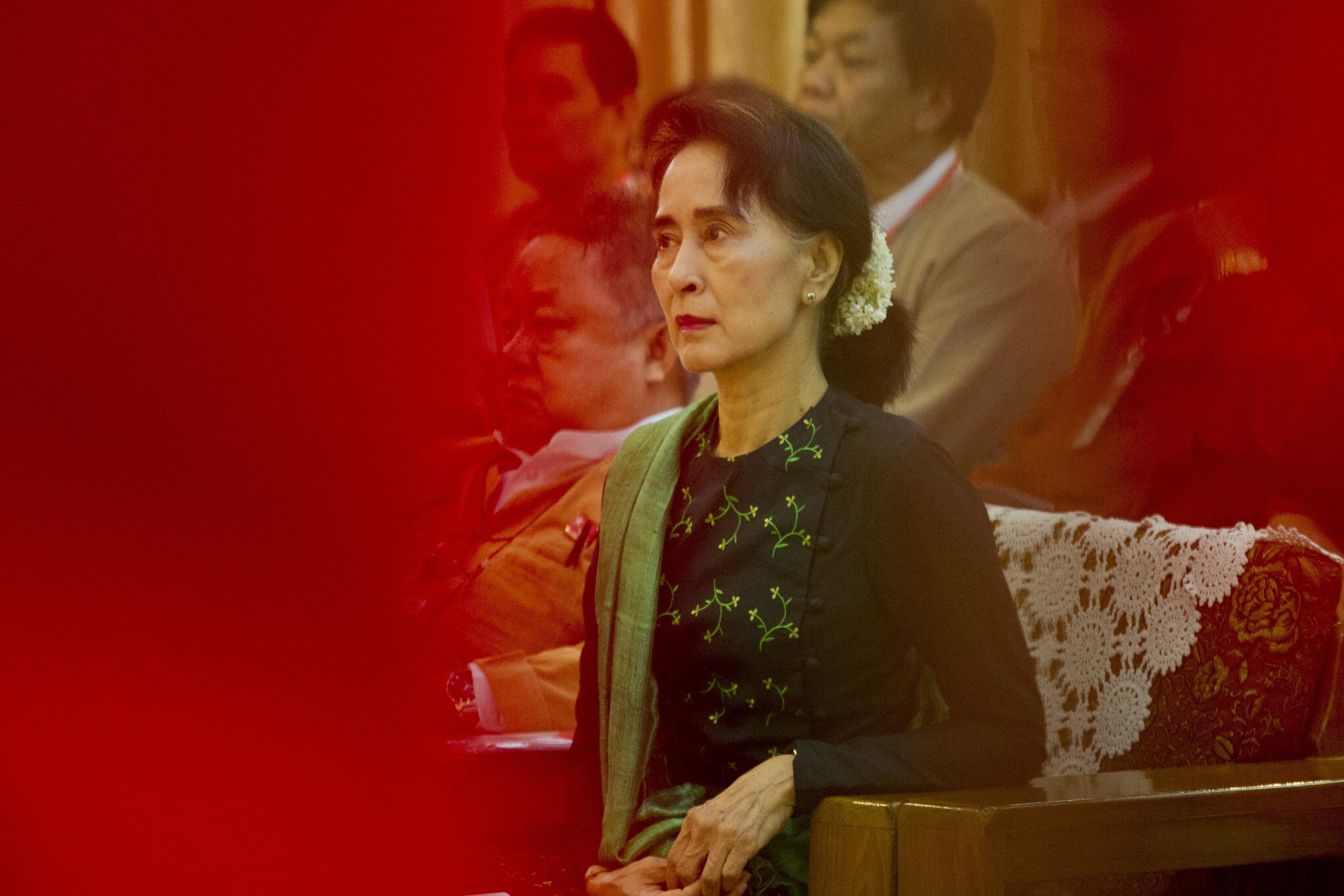 Potret Aung San Suu Kyi sebelum kepemimpinannya digulingkan militer Myanmar.
