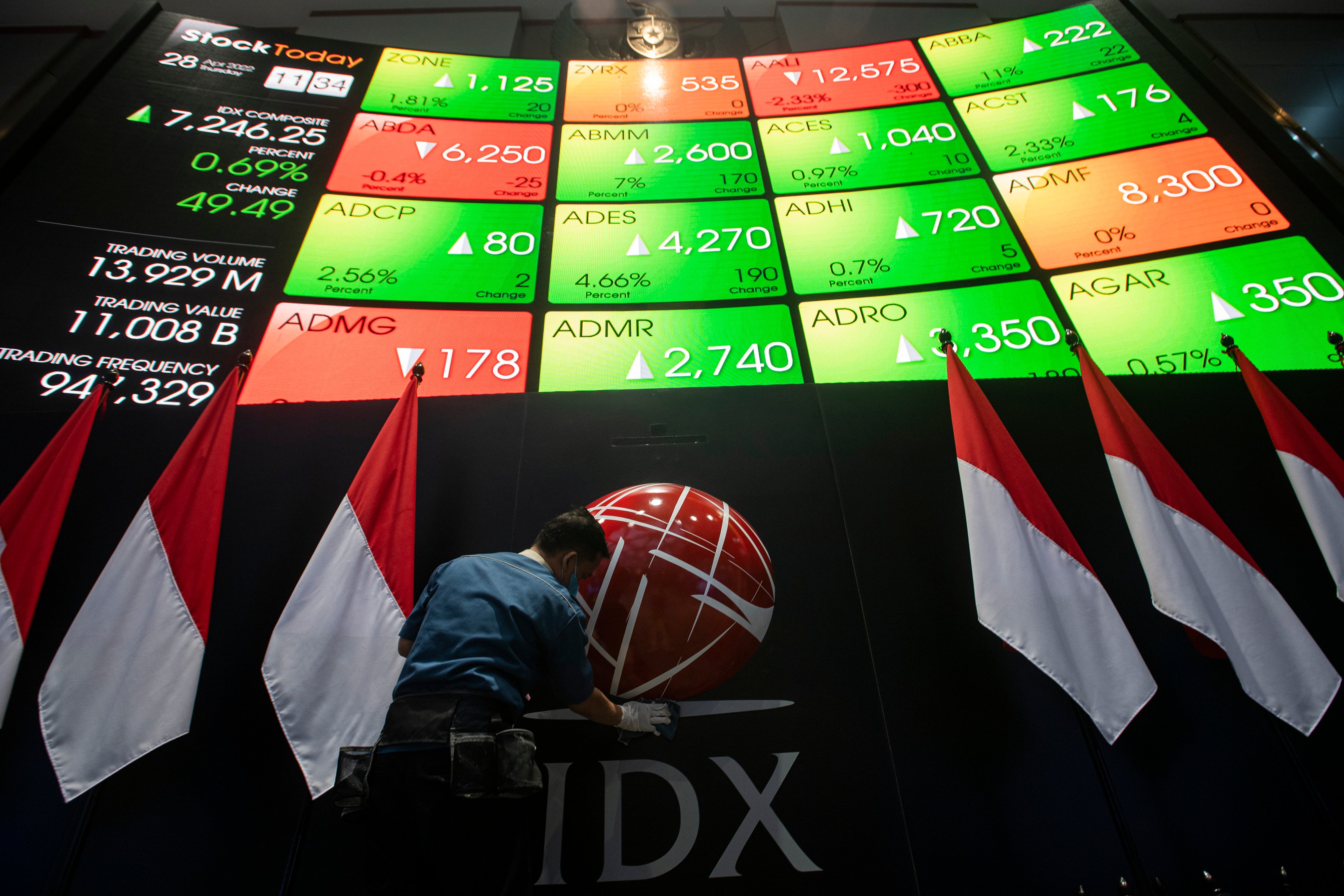 Pekerja membersihkan logo IDX di bawah layar pergerakan IHSG.
