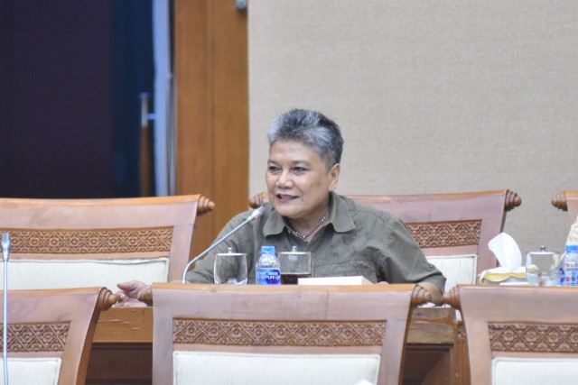 Anggota Komisi VII DPR RI Ribka Tjiptaning Proletariyati saat Rapat Kerja Komisi VII DPR RI bersama Menperin Agus Gumiwang Kartasasmita .