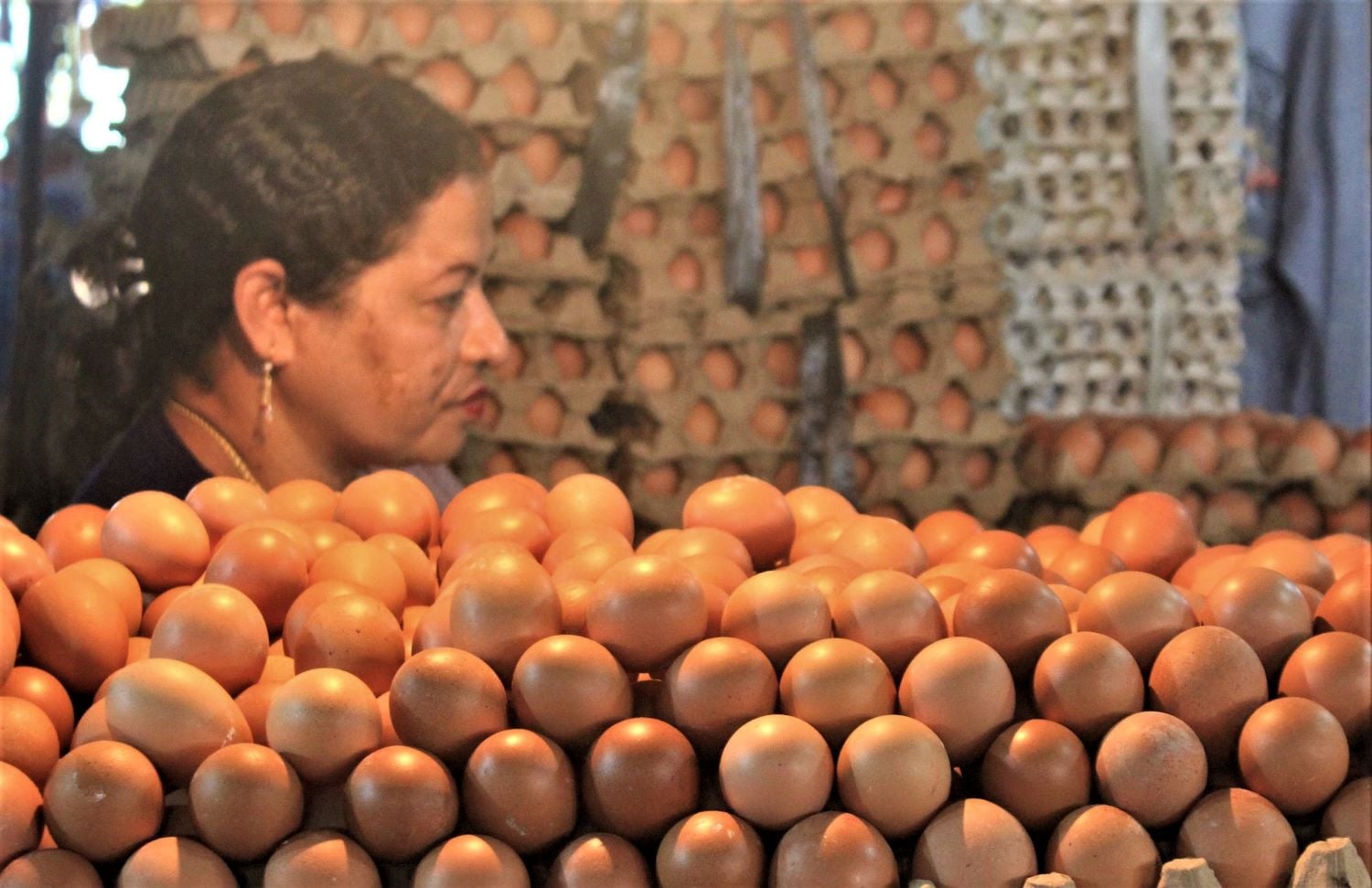 Stok telur ayam di Pasar Tradisional Kasih, Kelurahan Naikotan 1 Kota Kupang, Nusa Tenggara Timur, melimpah tapi harga merangkak naik