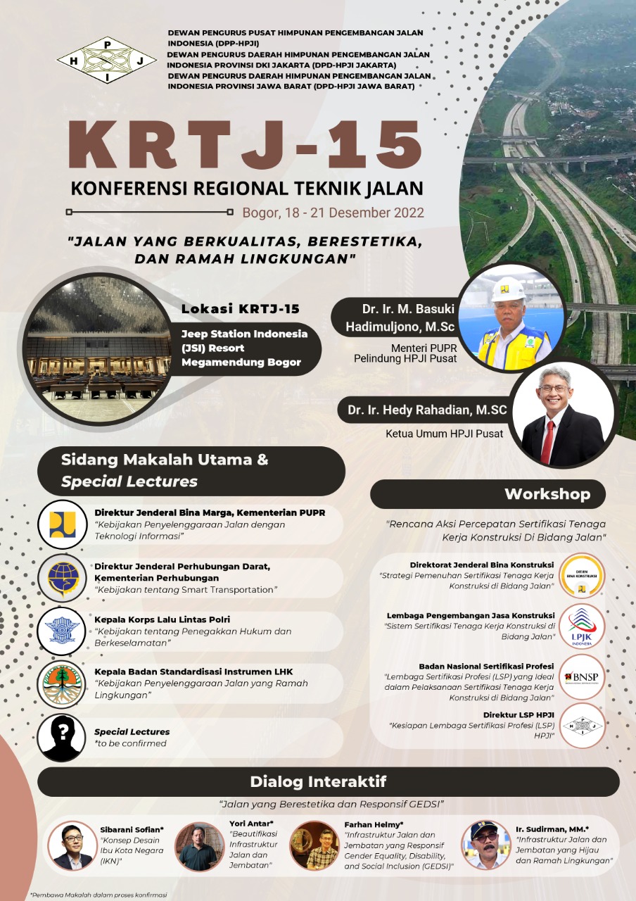 HPJI kembali mengadakan Konferensi Regional Teknik Jalan (KRTJ) ke-15, pada19-20 Desember 2022 di Megamendung, Kabupaten Bogor, Jawa Barat