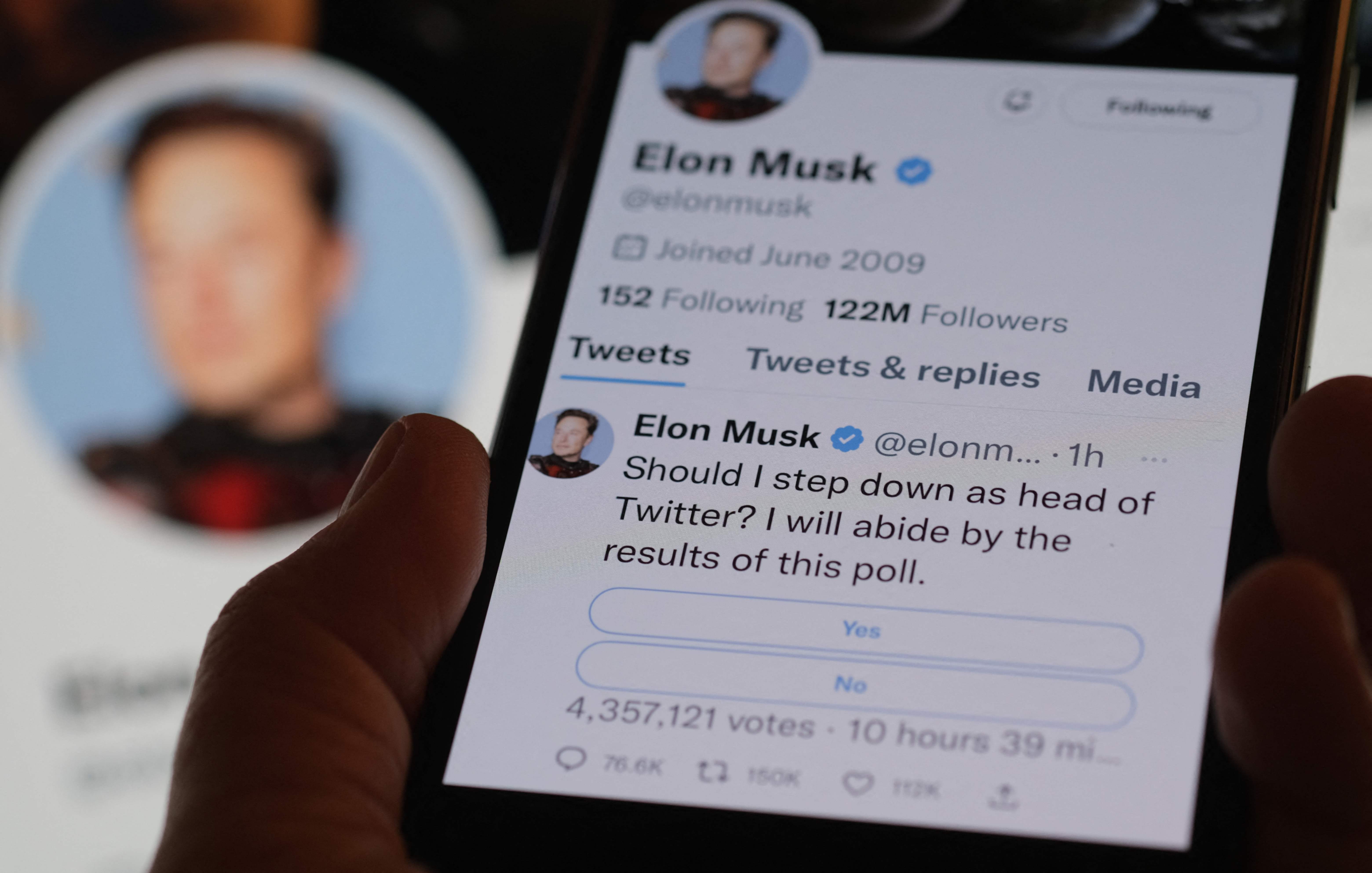 Sebuah ponsel memperlihatkan jajak pendapat yang digelar Elon Musk mengenai posisinya di Twitter.