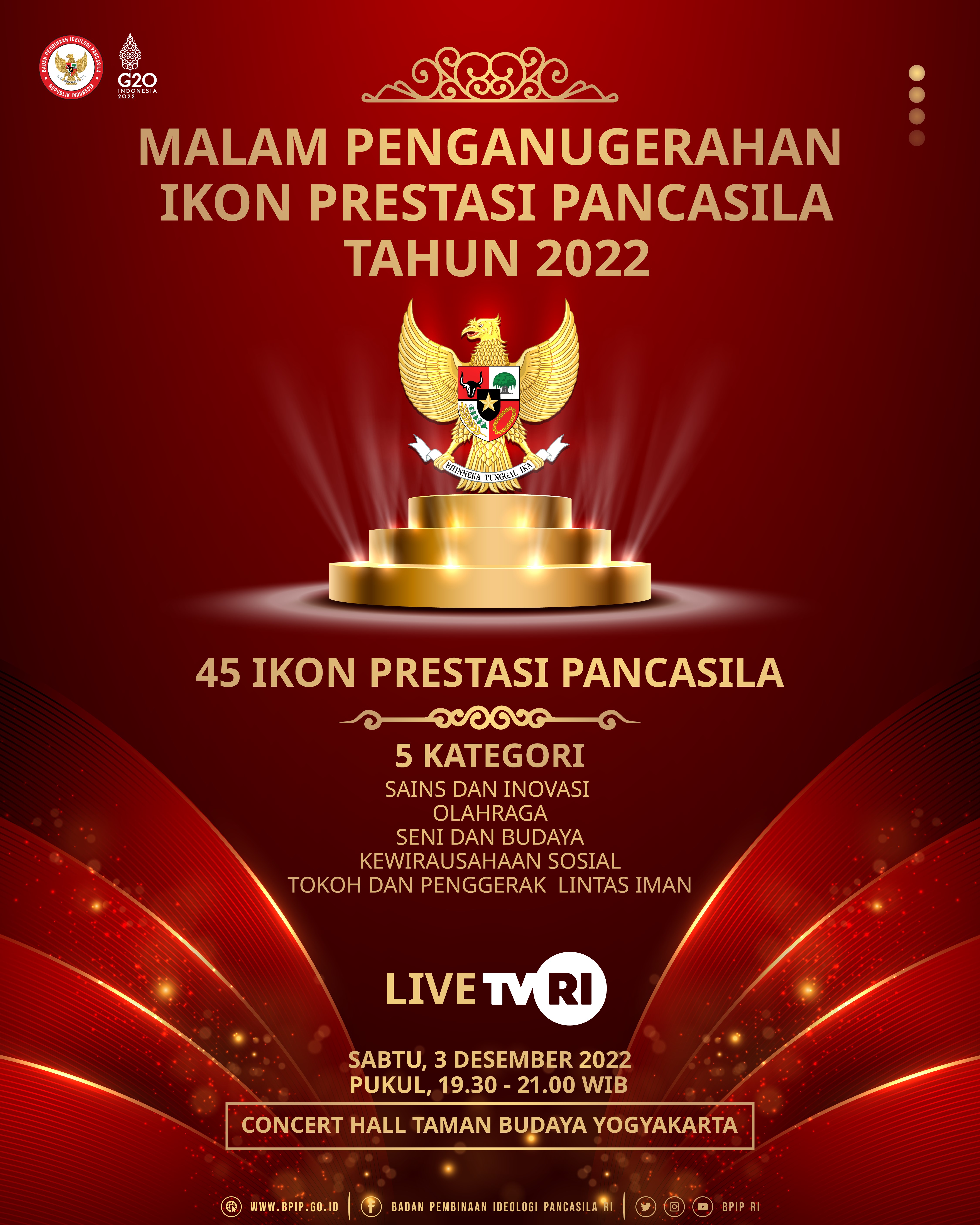Malam Penganugerahn Ikon Prestasi Pancasila Tahun 2022 di Yogyakarta, pada Sabtu (3/12). 