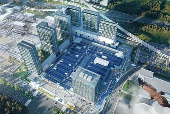 Proyek Samanea Hybrid Trade Outlet yang menggunakan fotovoltaik tampak atap.