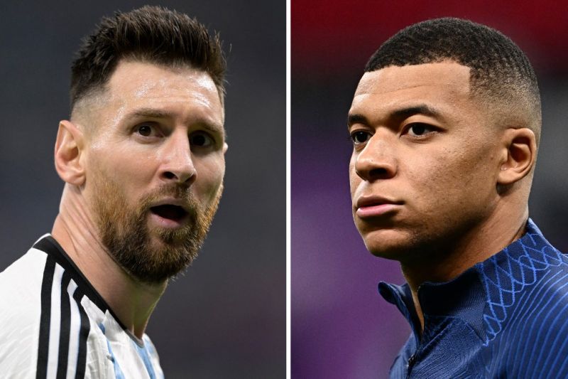 Foto kombinasi Lionel Messi dan Kylian Mbappe menjelang final Piala Dunia 2022 antara Argentina dan Prancis pada 18 Desember 2022.
