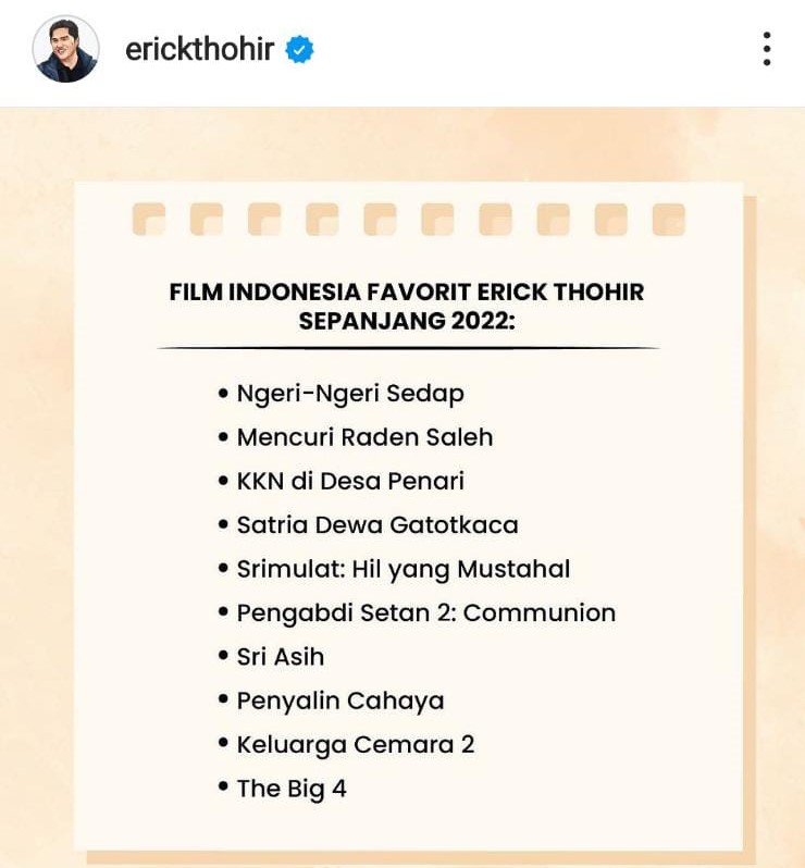 Postingan akun istagram Menteri BUMN Erick Thohir, @erickthohir, Minggu (25/12/2022).