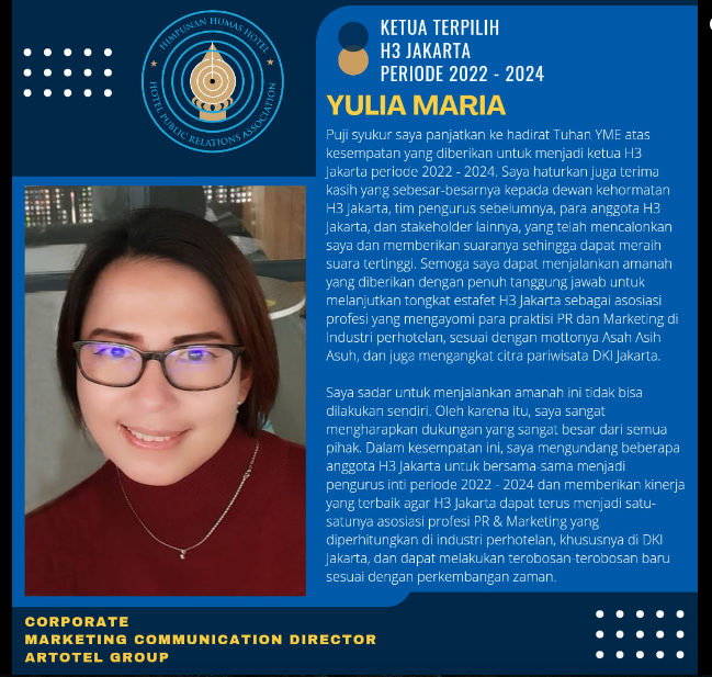 Ketua Pengurus Himpunan Humas Hotel (H3) Jakarta periode 2022-2024 Yulia Maria