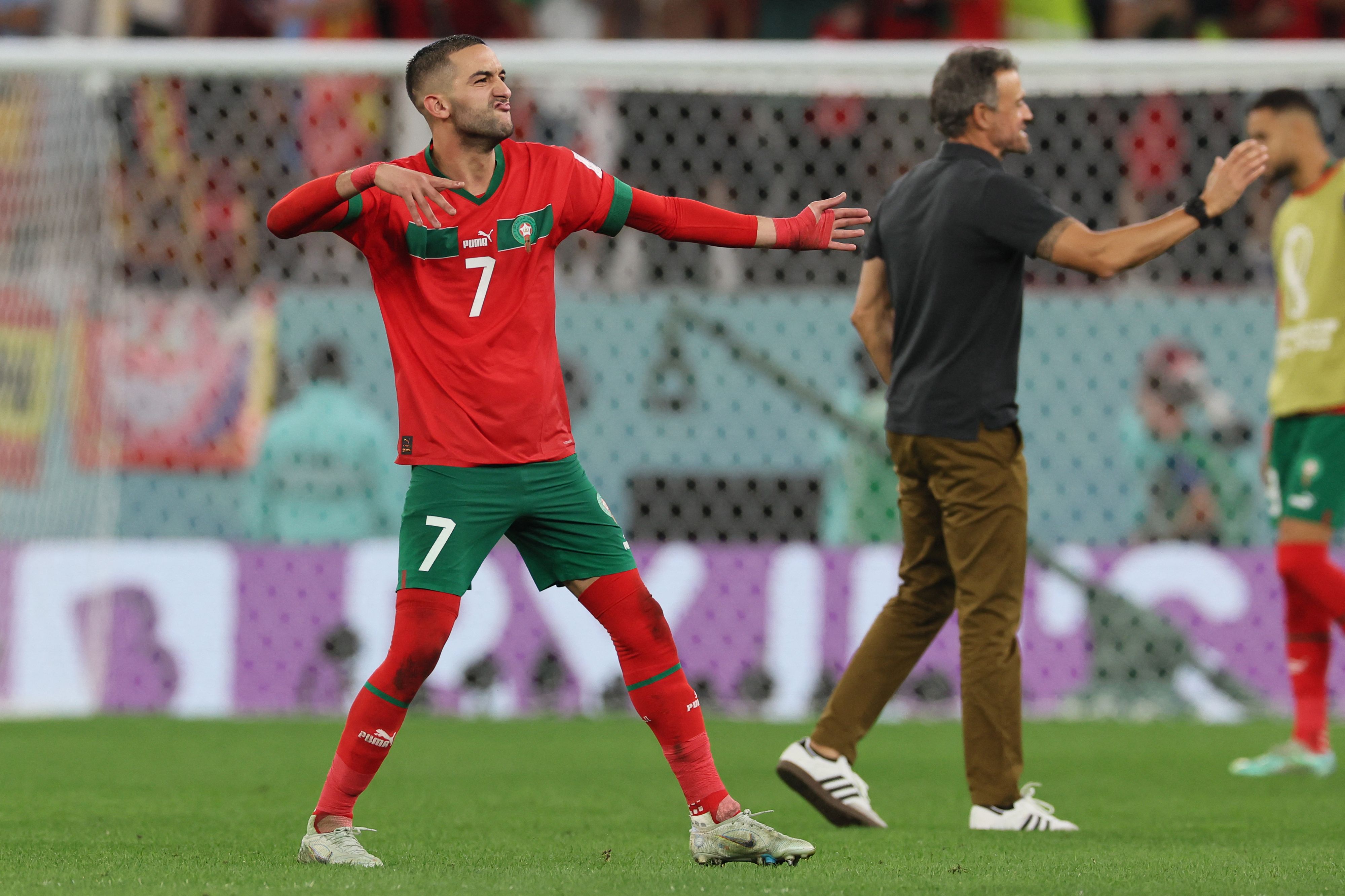 Selebrasi  Hakim Ziyech bersama timnas Maroko di Piala Dunia 2022