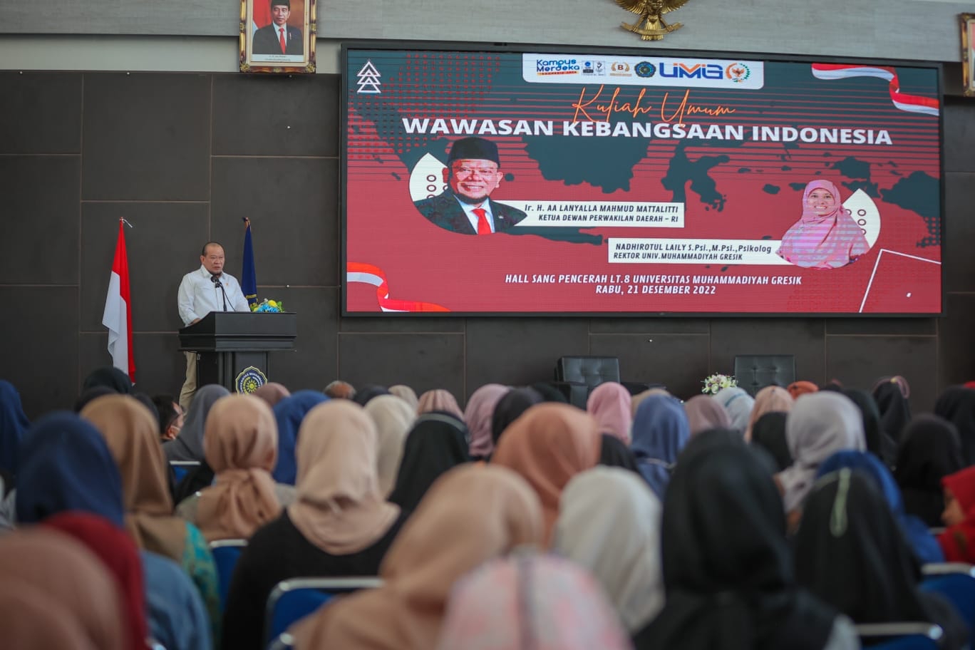 Ketua DPD RI LaNyalla M Mattalitti memberikan kuliah umum Wawasan Kebangsaan di Universitas Muhammadiyah Gresik, Rabu (21/12).