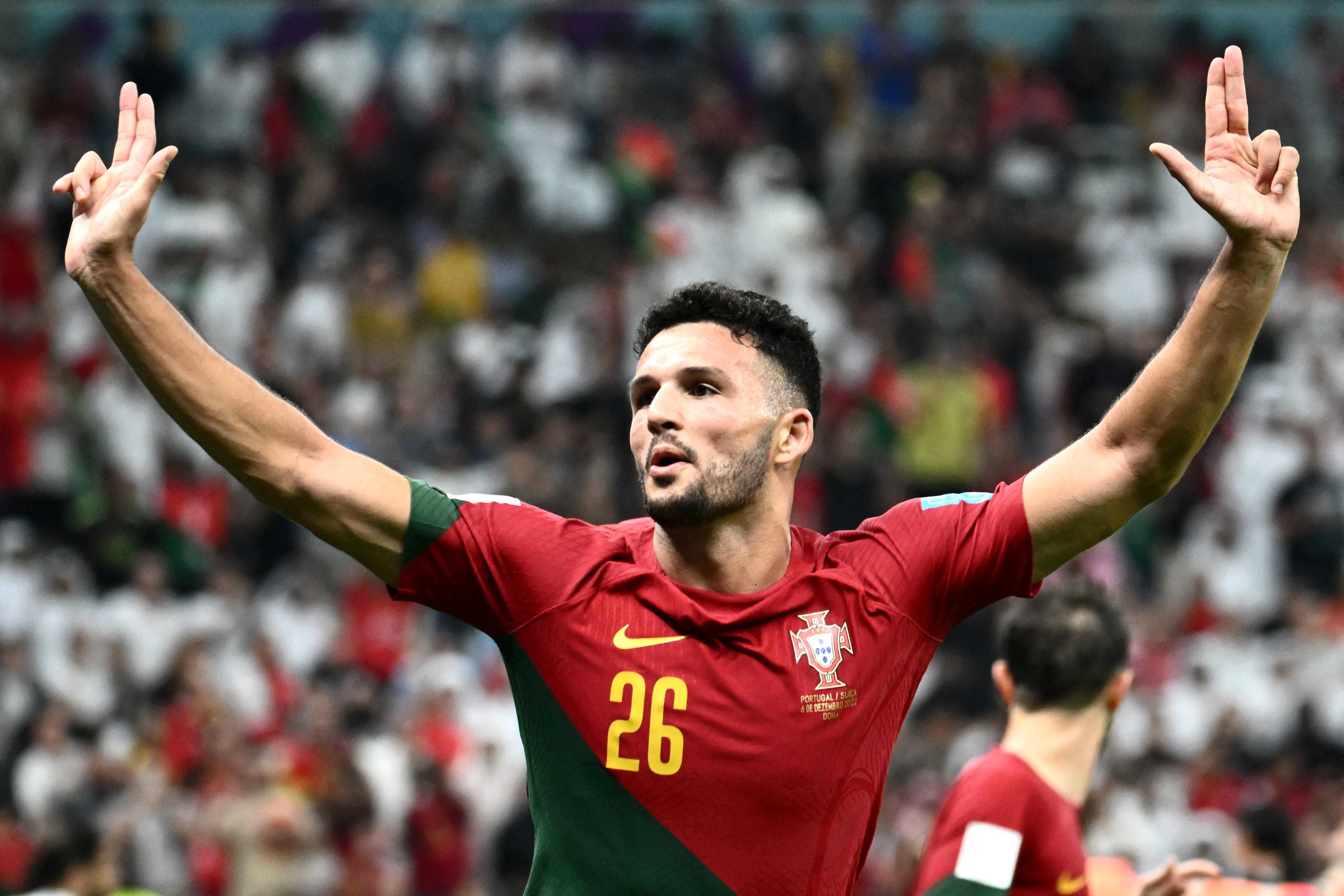 Penyerang Portugal Goncalo Ramos melakukan selebrasi saat mencetak gol ketiganya ke gawang Swiss di laga Piala Dunia 2022.