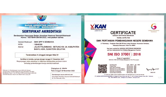 Sertifikat Akreditasi A dengan Nilai 91 dan SNI ISO 37001:2016 membuktikan komitmen SMKPPN Sembawa mendukung pengembangan