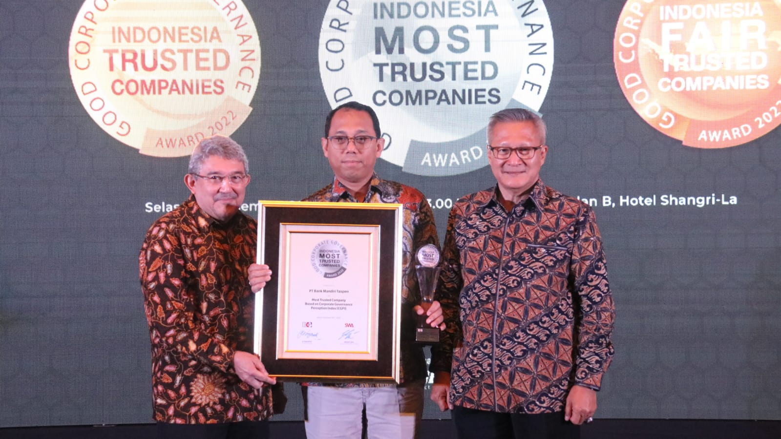 Bank Mandiri Taspen menerima penghargaan sebagai Indonesia Most Trusted Company based on Corporate Governance Perception Index (CGPI).