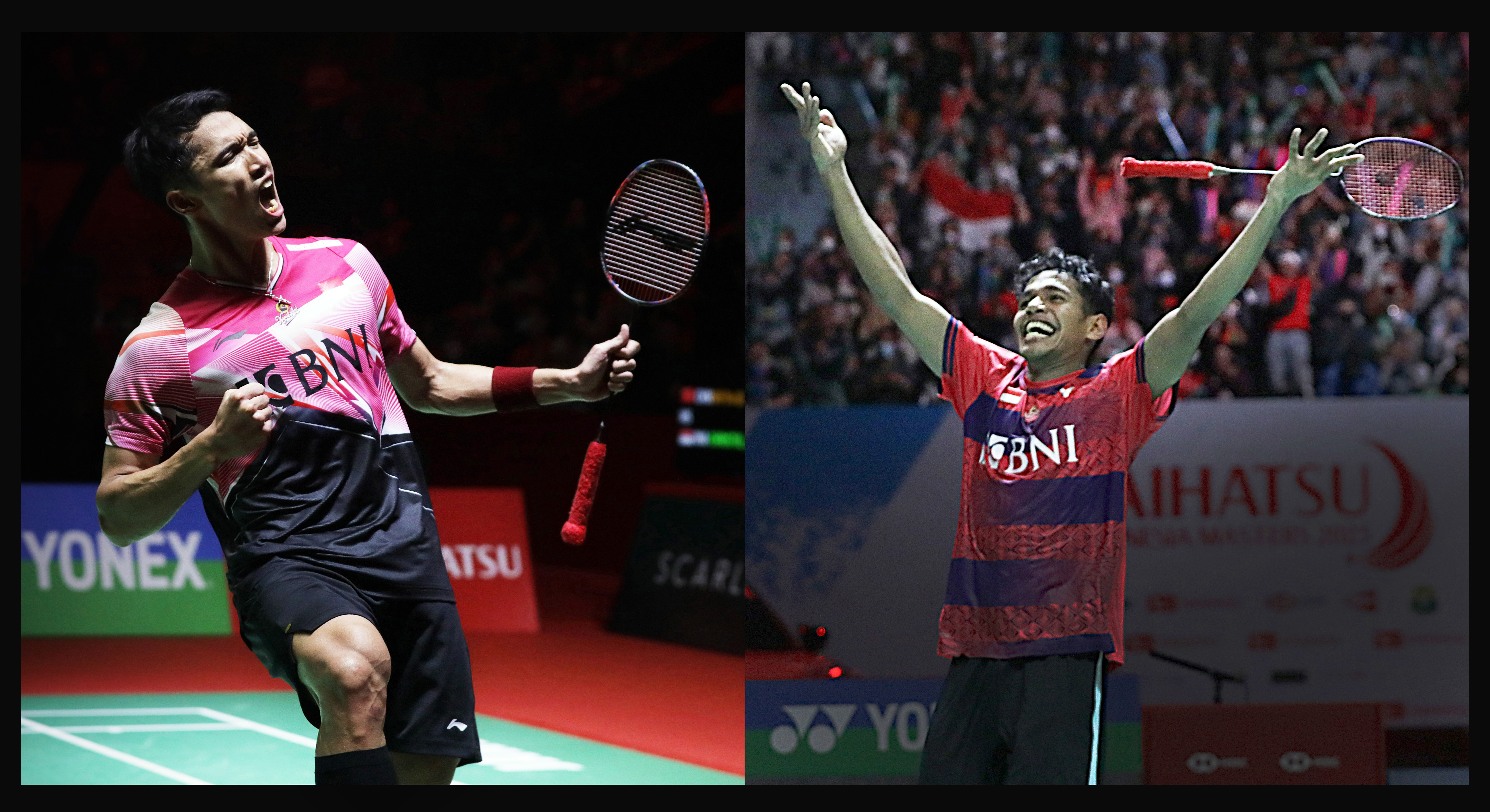 Tunggal putra Indonesia yang akan saling berhadapan di laga final Indonesia Masters, Jonatan Christie (kiri) dan Chico Aura Dwi Wardoyo.