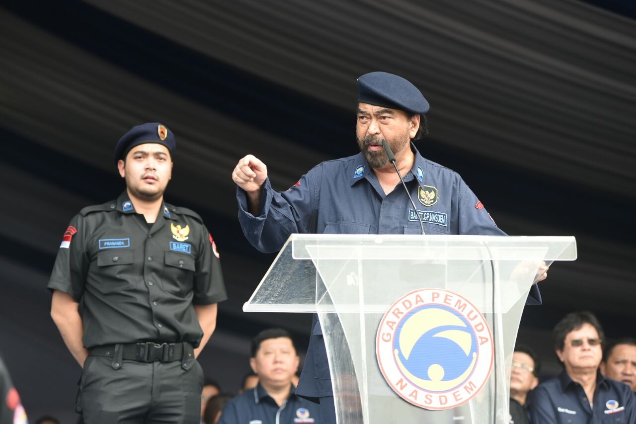 Ketum Partai NasDem Surya Paloh saat menyampaikan pidato.