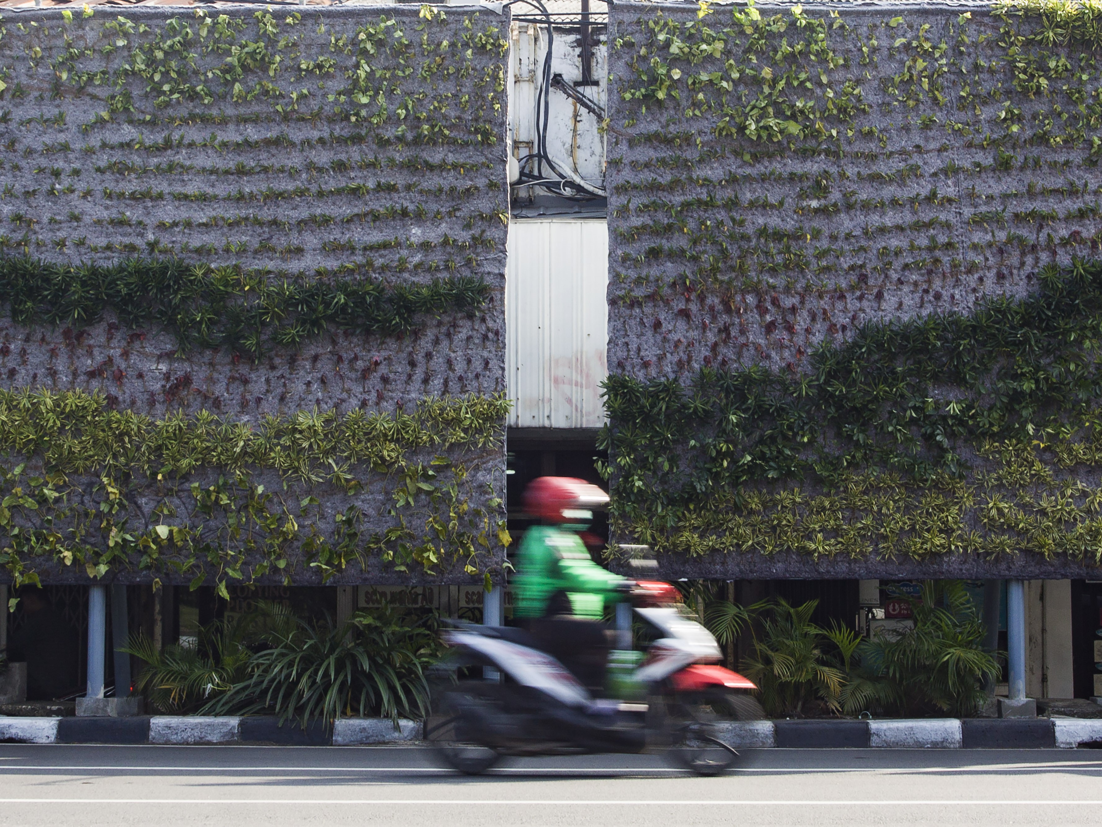 Pengendara sepeda motor melintas di samping taman vertikal di Tugu Tani, Jakarta.