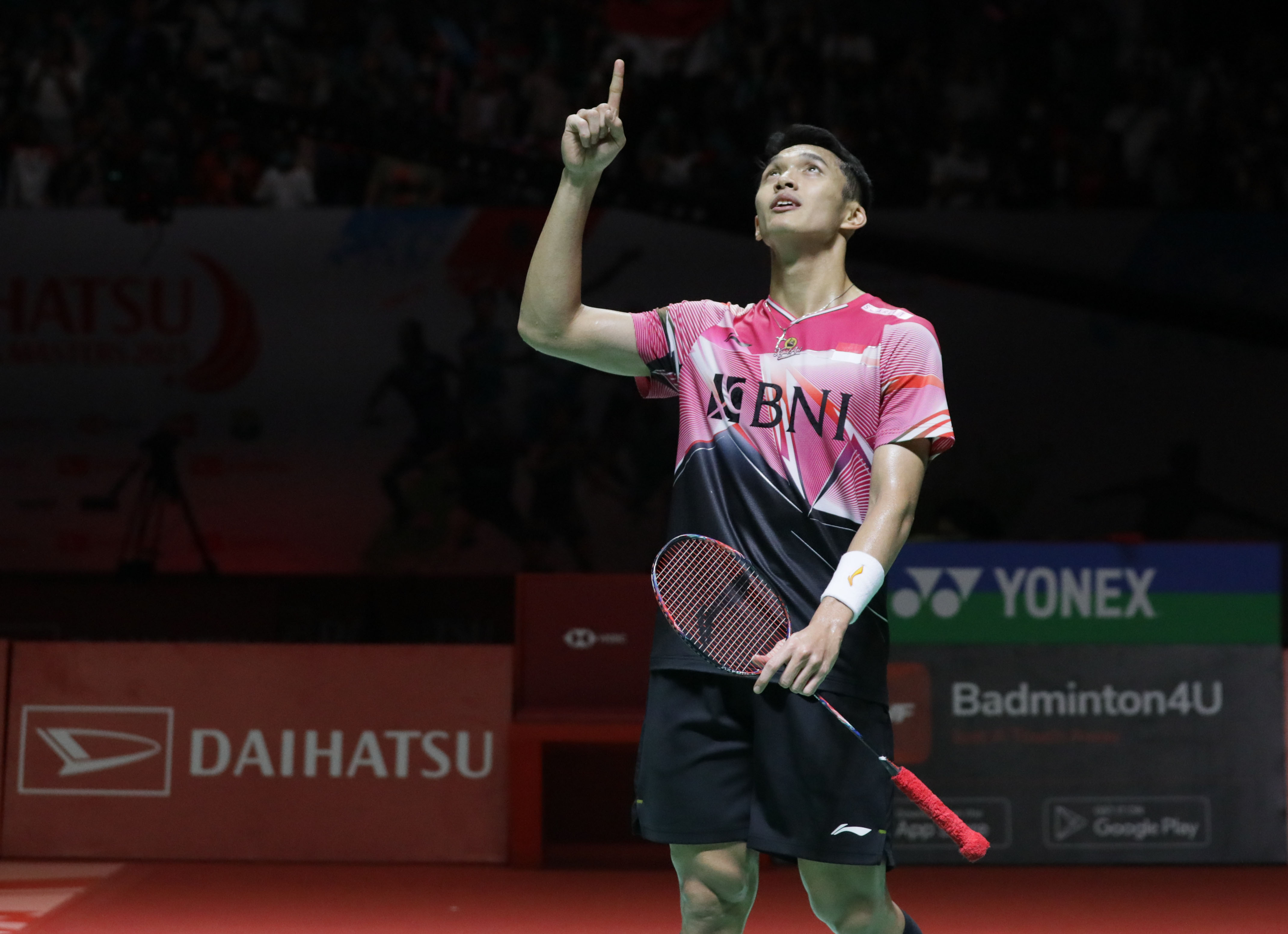 Pebulu tangkis Indonesia Jonatan Christie seusai bertanding.