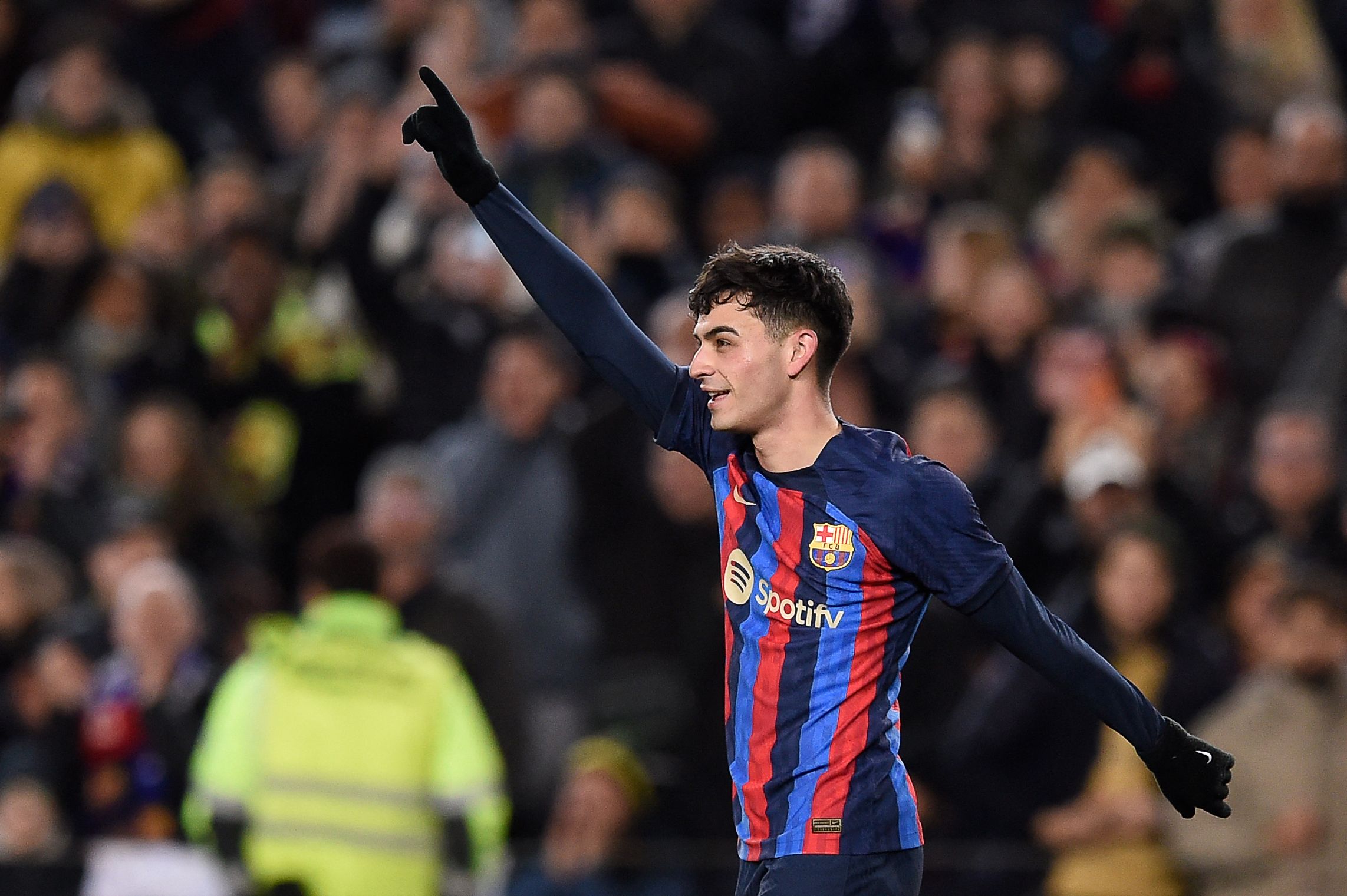  Pedri Gonzalez usai mencetak gol tunggal yang mengantarkan Barcelona unggul atas Getafe di pertandingan Liga Spanyol, Senin (23/1/2023)