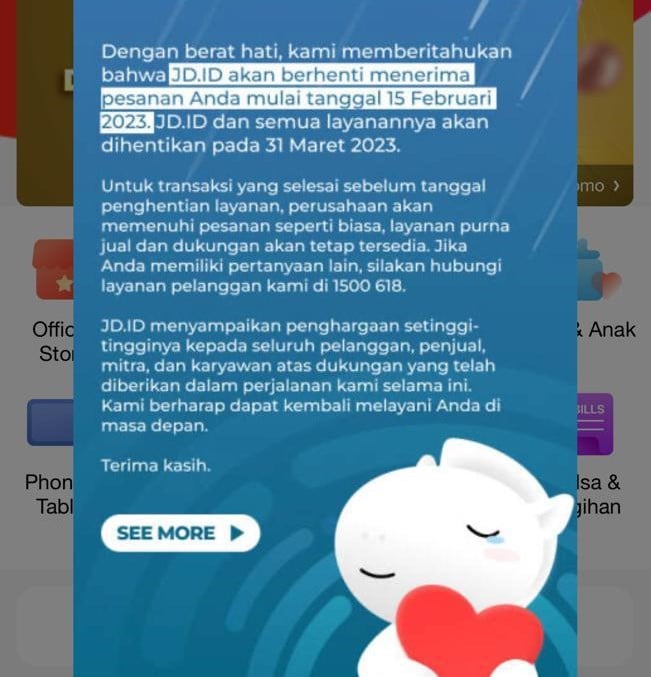 pengumuman penghentian layanan di situs JD.ID