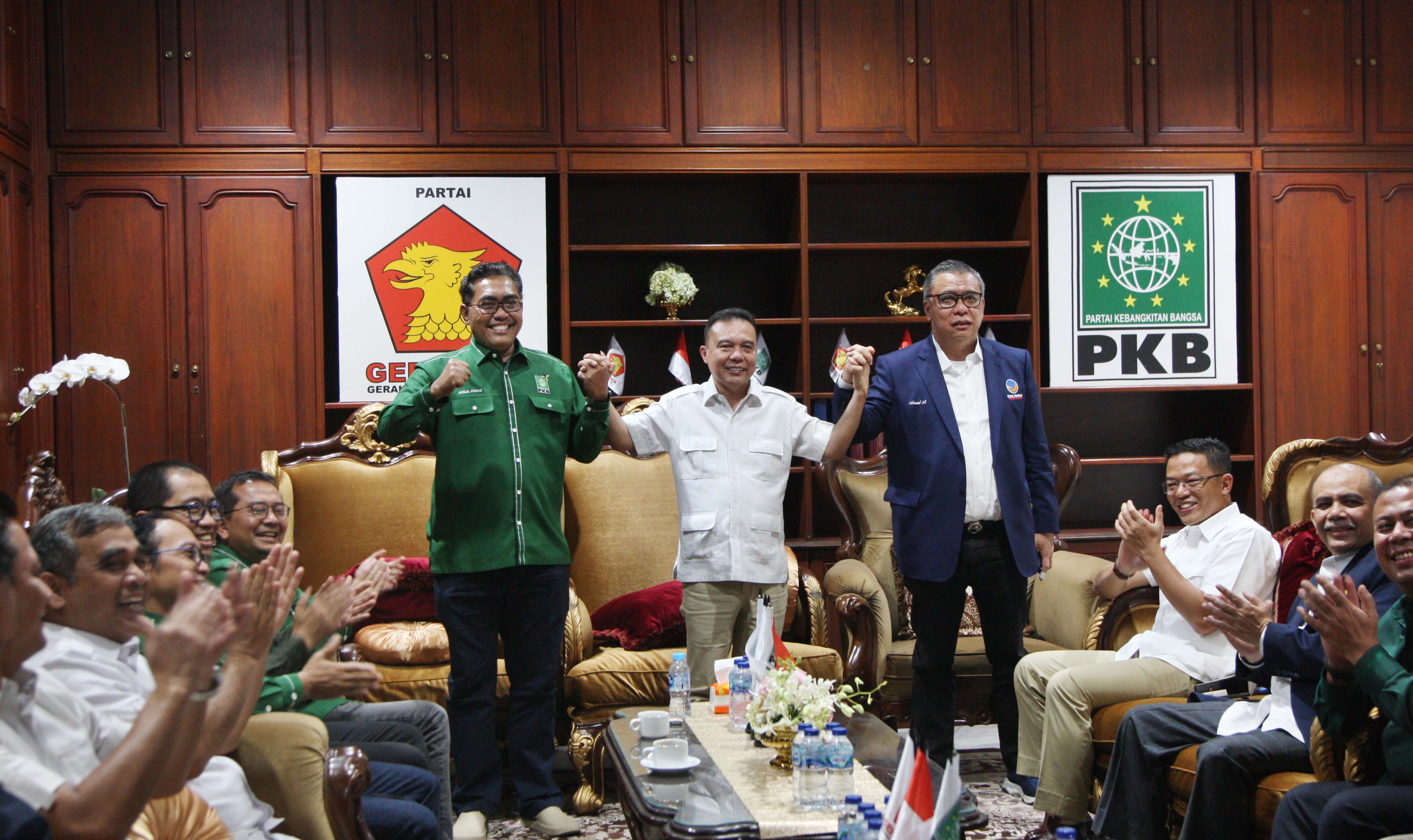 Waketum Partai NasDem Ahmad Ali (kanan), Ketua Harian DPP Partai Gerindra Sufmi Dasco Ahmad (tengah) dan Waketum DPP PKB Jazilul Fawaid.