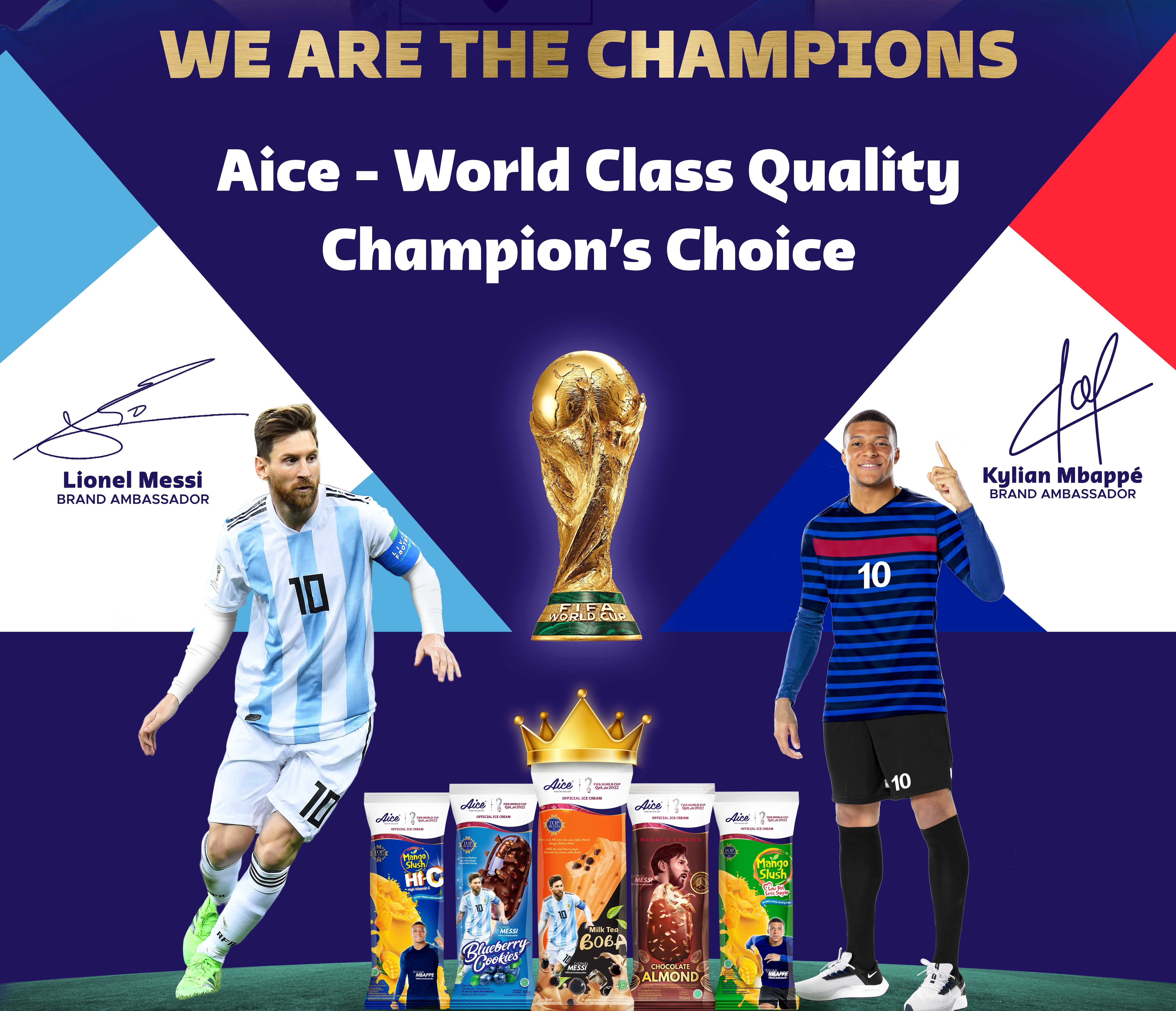Lionel Messi dan Kylian Mbappe sebagai brand ambassador Aice