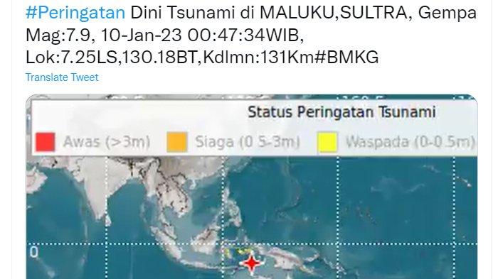 POTENSI TSUNAMI: Hasil pemodelan tsunami dengan parameter update (Mw 7,5), tidak menunjukkan adanya potensi tsunami.