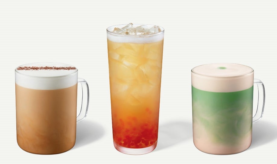 kiri ke kanan: Hazelnut Dolce Latte, Jasmine Clementine Matcha Latte, dan Jasmine Clementine Pearls Green Tea.