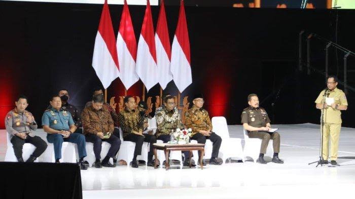 Mendagri Muhammad Tito Karnavian saat menyampaikan laporan pada Rakornas Forkopimda di Sentul International Convention Center (SICC).