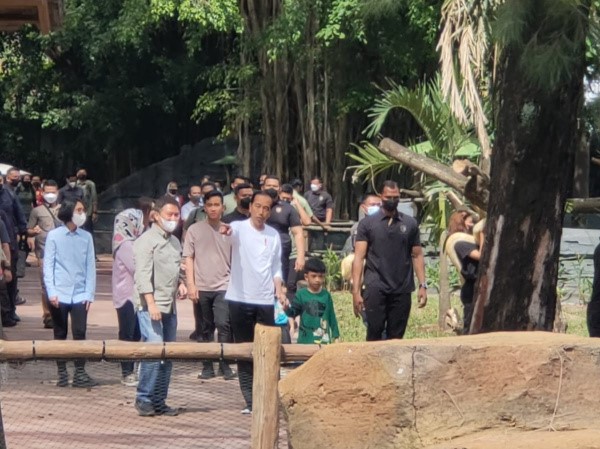 Presiden Joko Widodo bersama cucu Jan Ethes dan anaknya yang Wali Kota Solo berkunjung ke Taman Safari Solo.