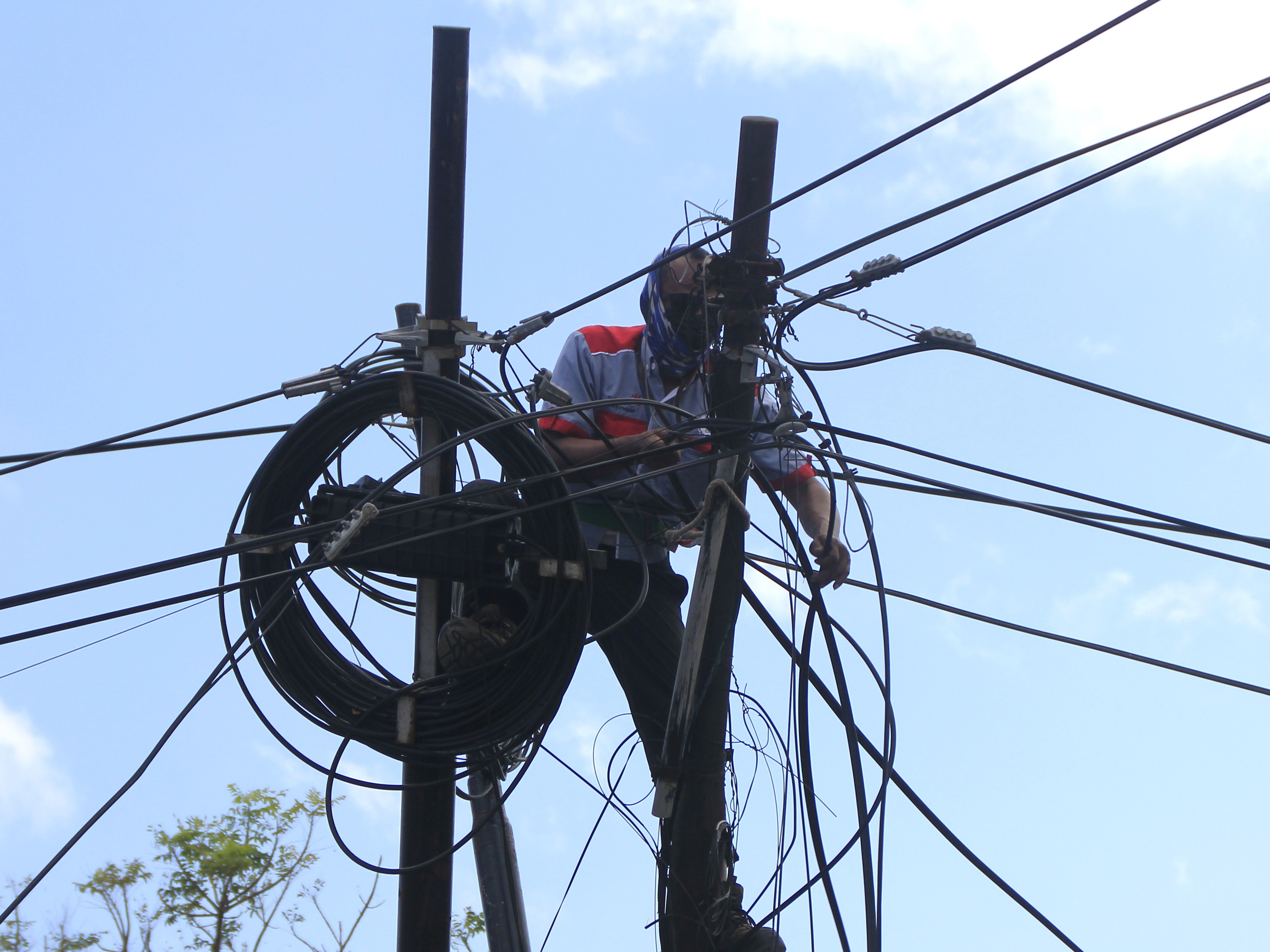 Pekerja PT Telkom memperbaiki kabel jaringan internet yang putus akibat tertimpa pohon yang tumbang di Kota Kupang, NTT.