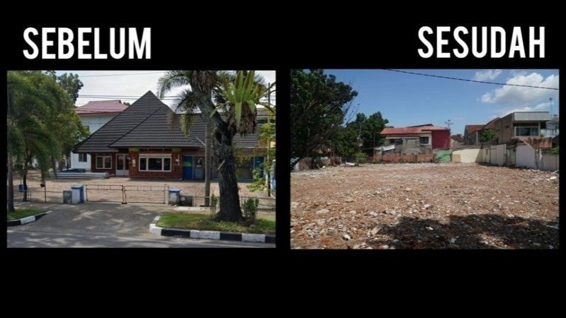 Rumah singgah Bung Karno di Padang, Sumbar yang ditetapkan menjadi kawasan cagar budaya (kiri) dihancurkan rata dengan tanah (kanan)