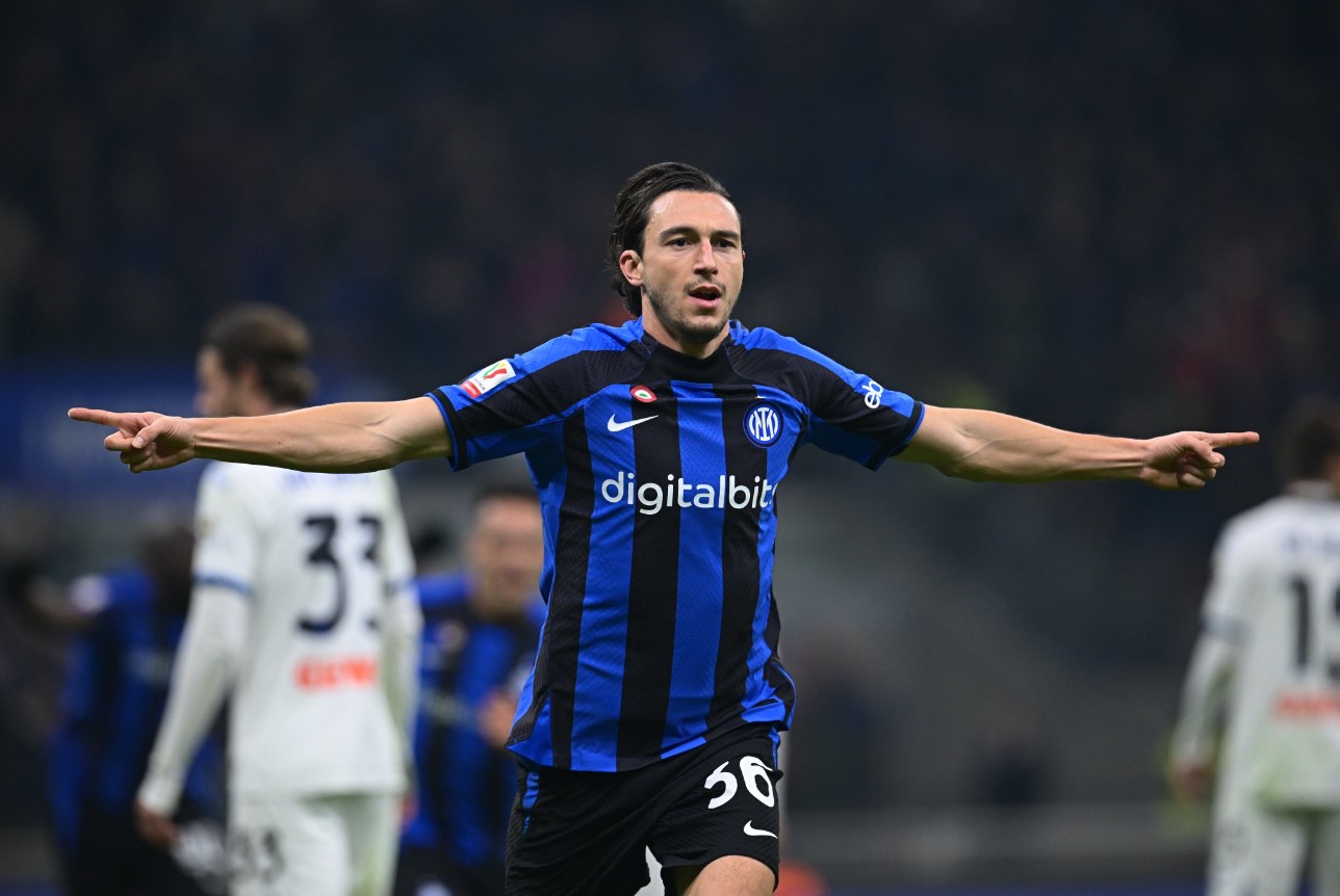 Pemain Inter Milan Matteo Darmian melakukan selebrasi usai mencetak gol ke gawang Atalanta di laga Coppa Italia.