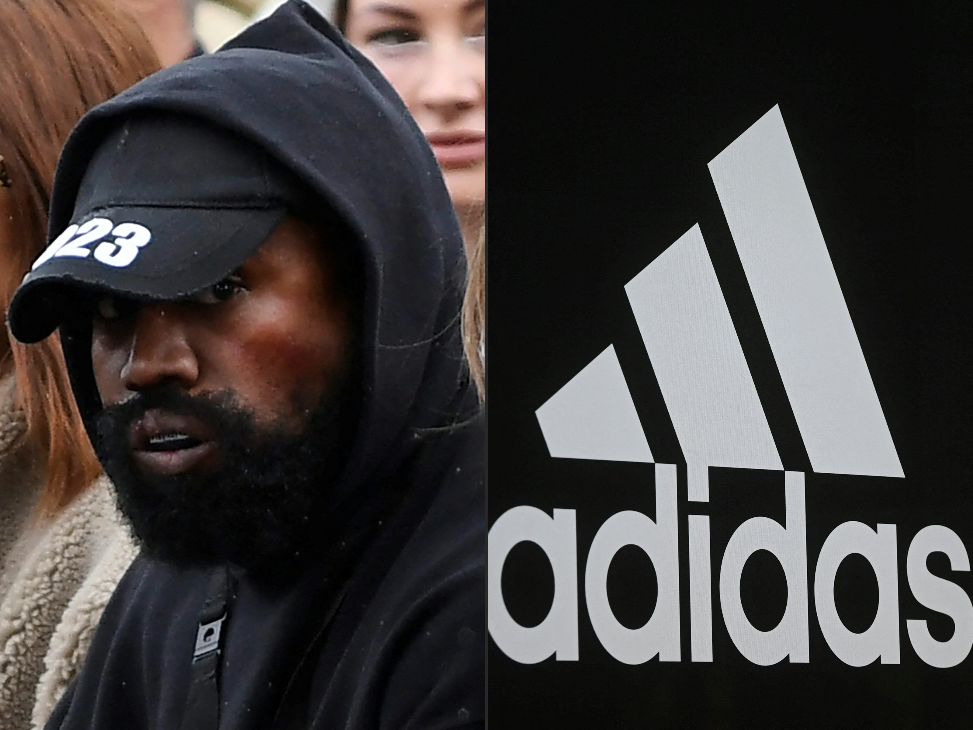 Foto kombinasi yang memperlihatkan Kanye West (kiri) dan logo Adidas